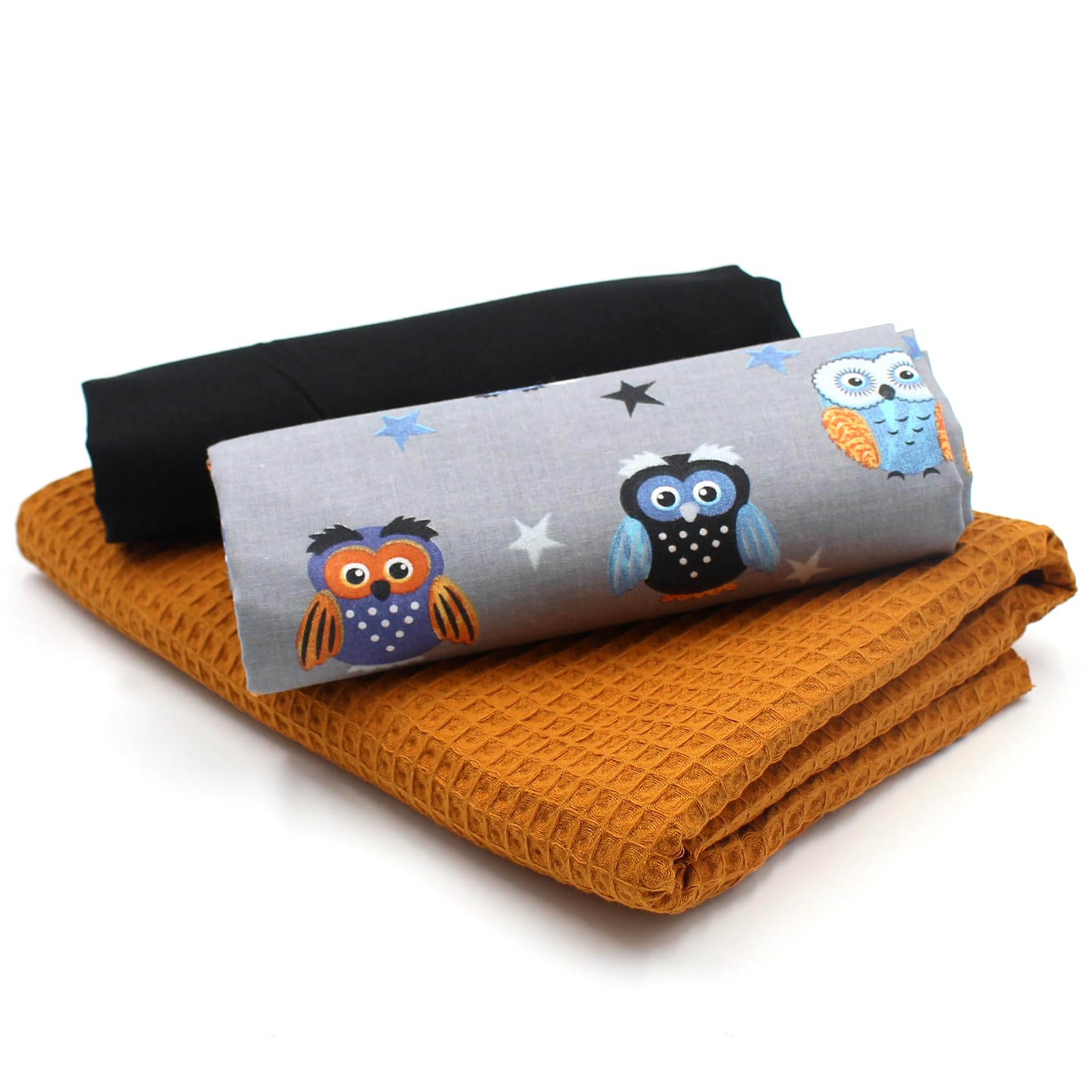 VmG-Store Waffle Pique + Cotton Fabric Set, 100% Cotton, Waffle Pattern, Solid, Grey, Fabric Set, Owls Grey Set06, breit