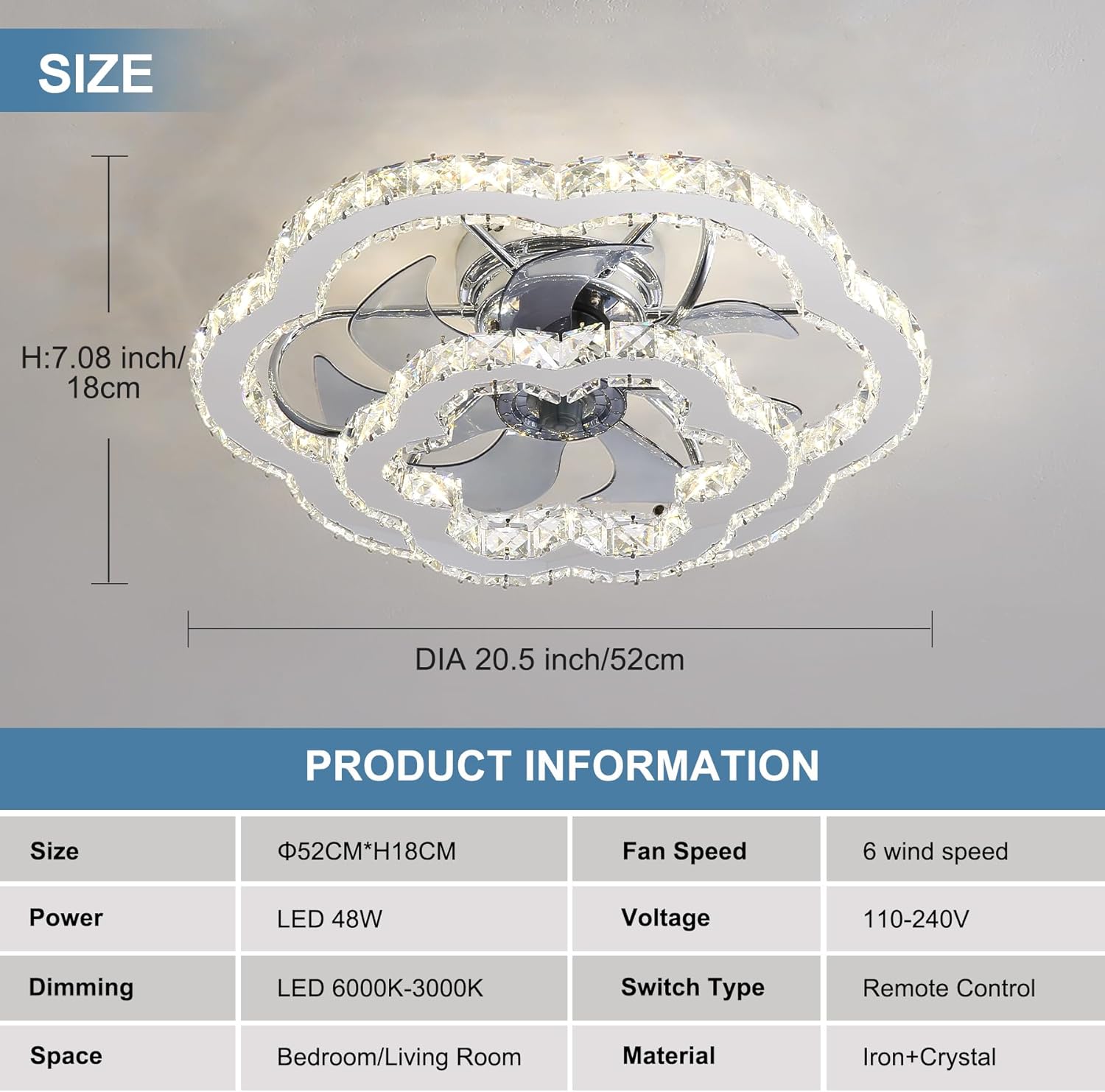 Ceiling Fans with Lights and Remote 20" Modern Low Profile Flower Crystal Bedroom Fan Flush Mount Ceiling Fan w. Dimming LED&3 Color Temp. Small Ceiling Fan for Bedroom Kitchen Living Room