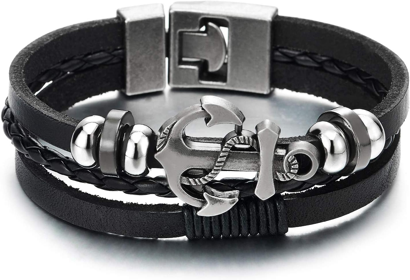 COOLSTEELANDBEYOND Men Women Marine Anchor Sailing Rope Black Braided Leather Bracelet Three-Row Leather Wristband Wrap