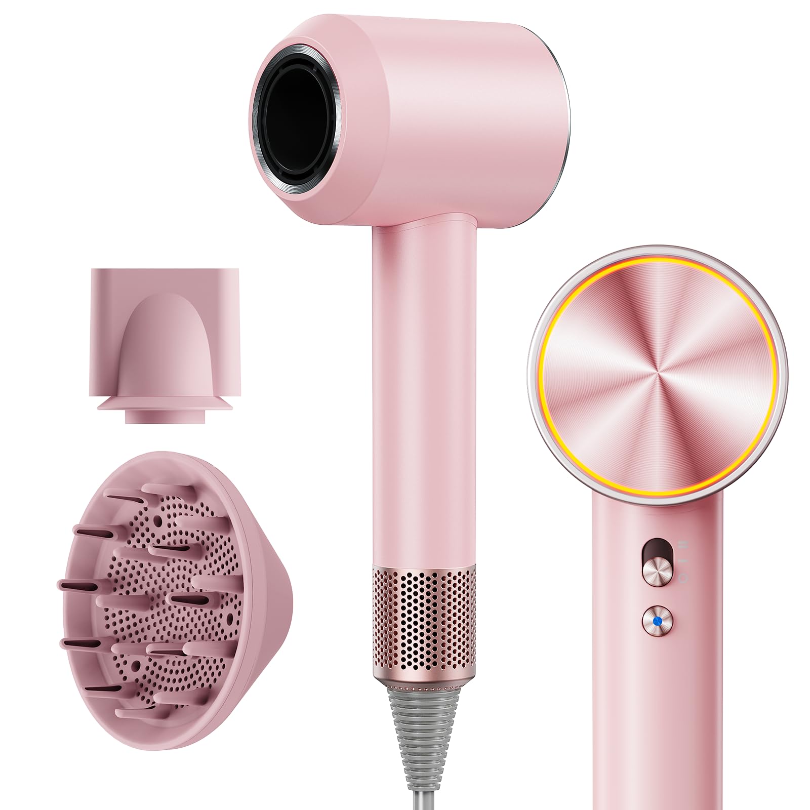 Ionen Haartrockner Föhn, 22m/s, 3 Min Schnell Trocknen, 500M Ionen gegen Frizz, 6 Modi, 3-Farben LED, 1600W, 2 Magnetdüsen(Styling& Diffusor) für Locken&Glätten, Zuhause und Unterwegs, 360g Rosa