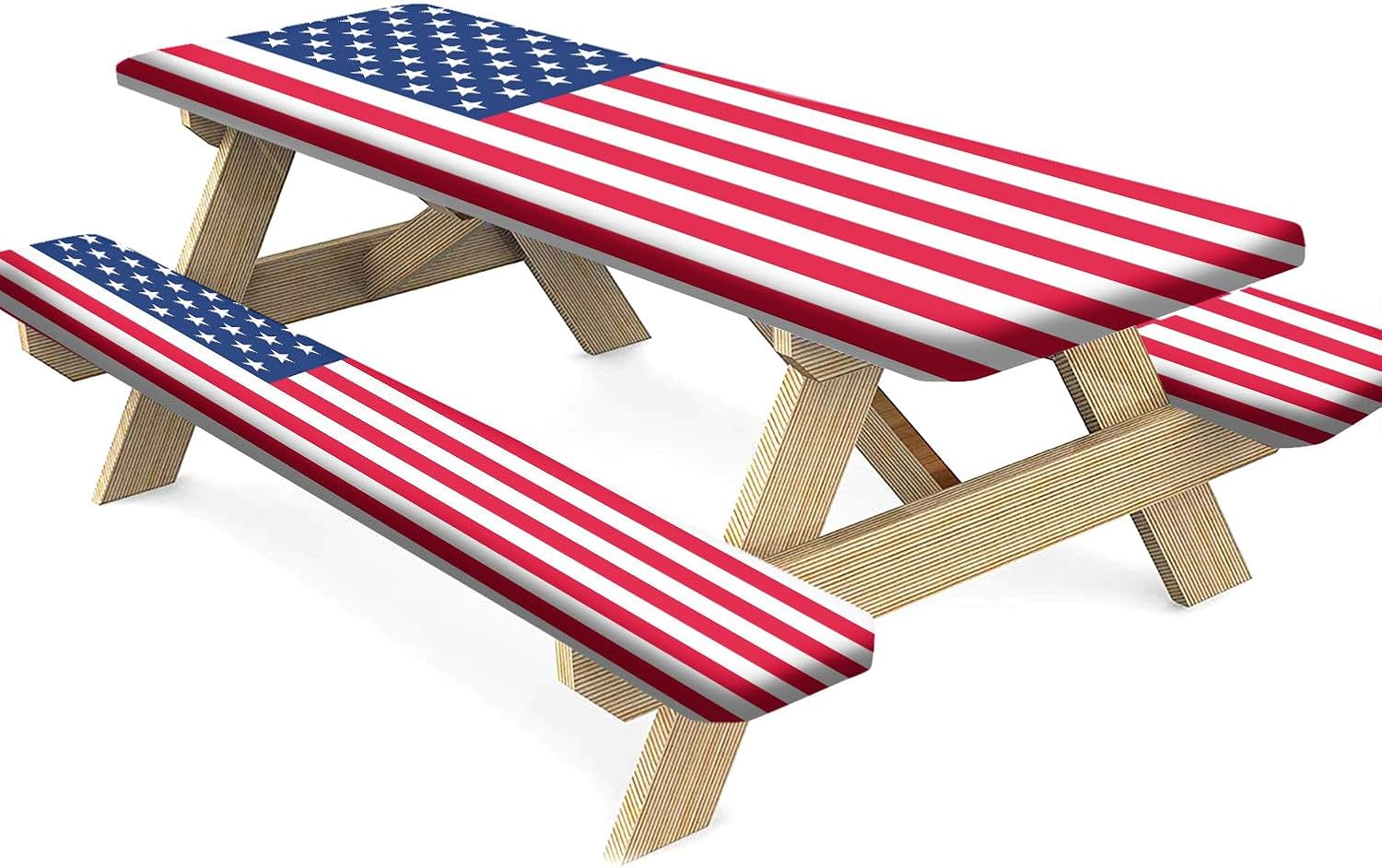 Blue Red Flag Picnic Table Cover with Bench Covers, 4th of July American Flag Indepence Day Outdoor Table Covers with Elastic Camping Tablecloth for Picnic Party Travel, 72x28 Inch