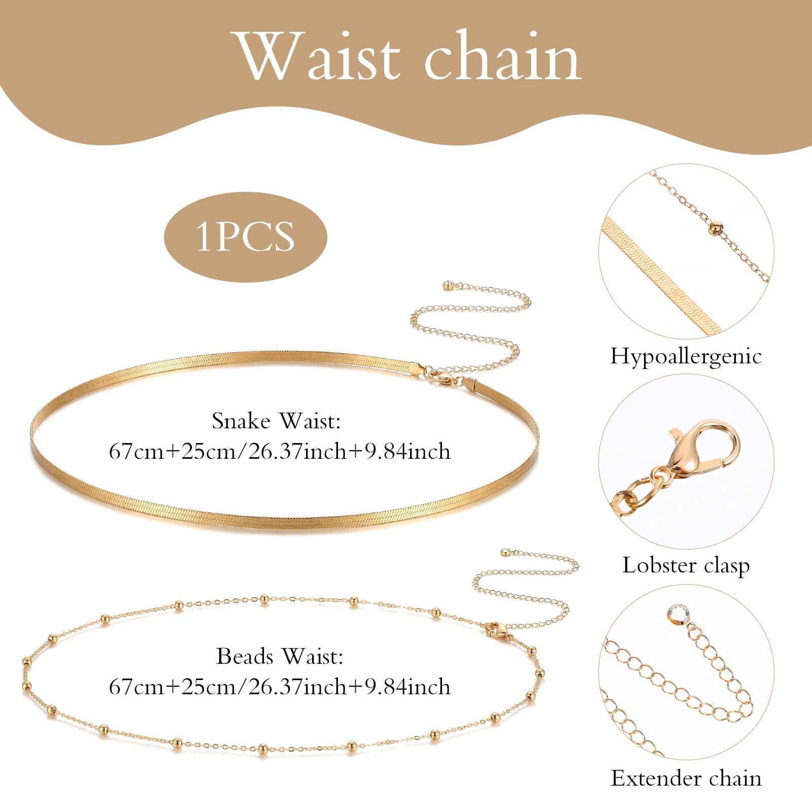 1 Stück Waist Chain Gold, 14K Vergoldete Bauchkette, Verstellbare Belly Chain Mit Waist Beads, Boho Taillenkette für Frauen und Mädchen zum Tragen Bikinis Kleider