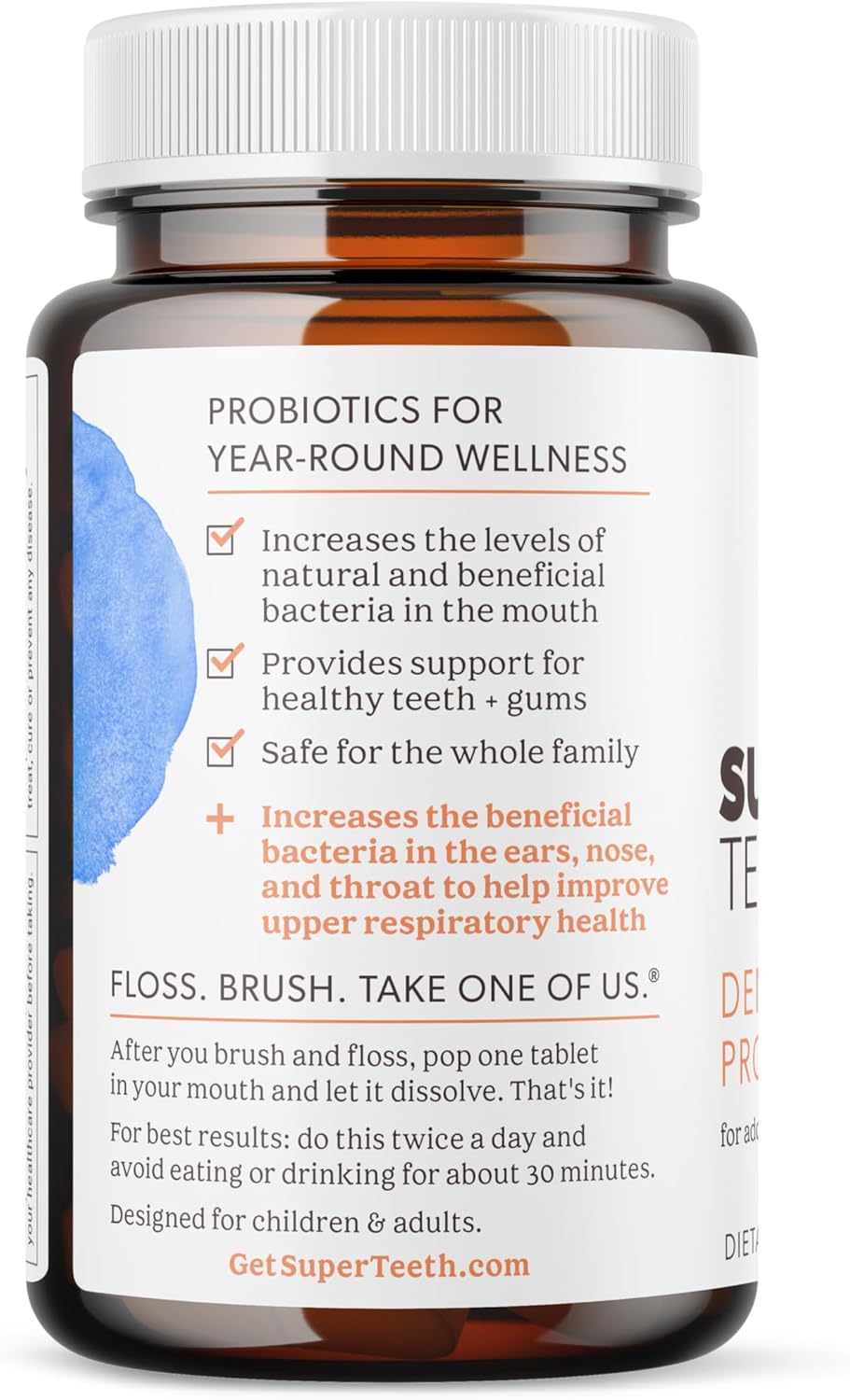 SUPER TEETH Dental Probiotic with ENT Support | Contains BLIS K12 & M18 Probiotics to Boost Oral Microbiome Sinus, Throat & Immune Health | 60 Natural Peach Flavored Chewable Tablets - Image 3