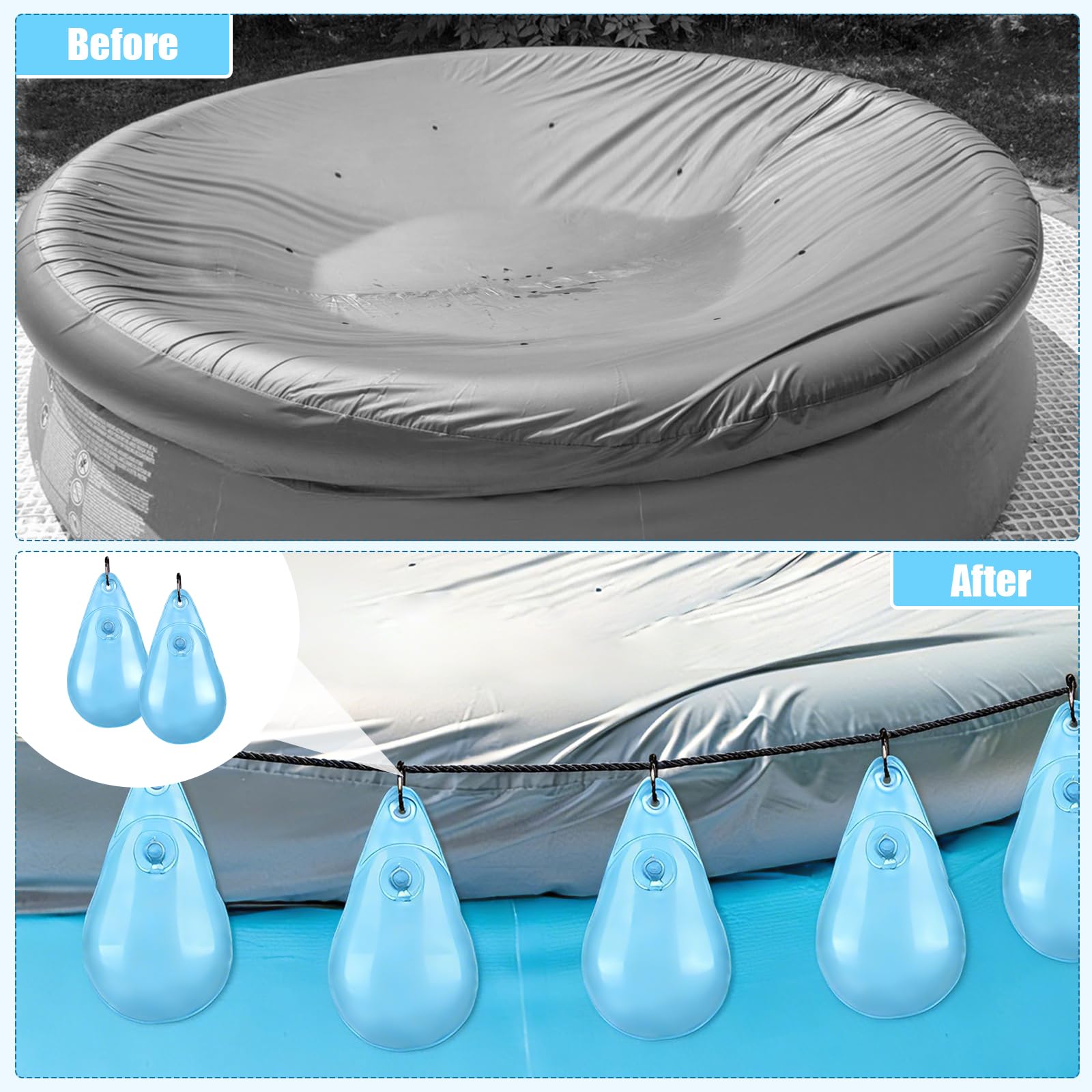 Lot de 15 sacs à eau épais en forme de goutte pour piscine - Sac de lestage pour piscine - Sac suspendu avec valve anti-fuite pour bâche de piscine
