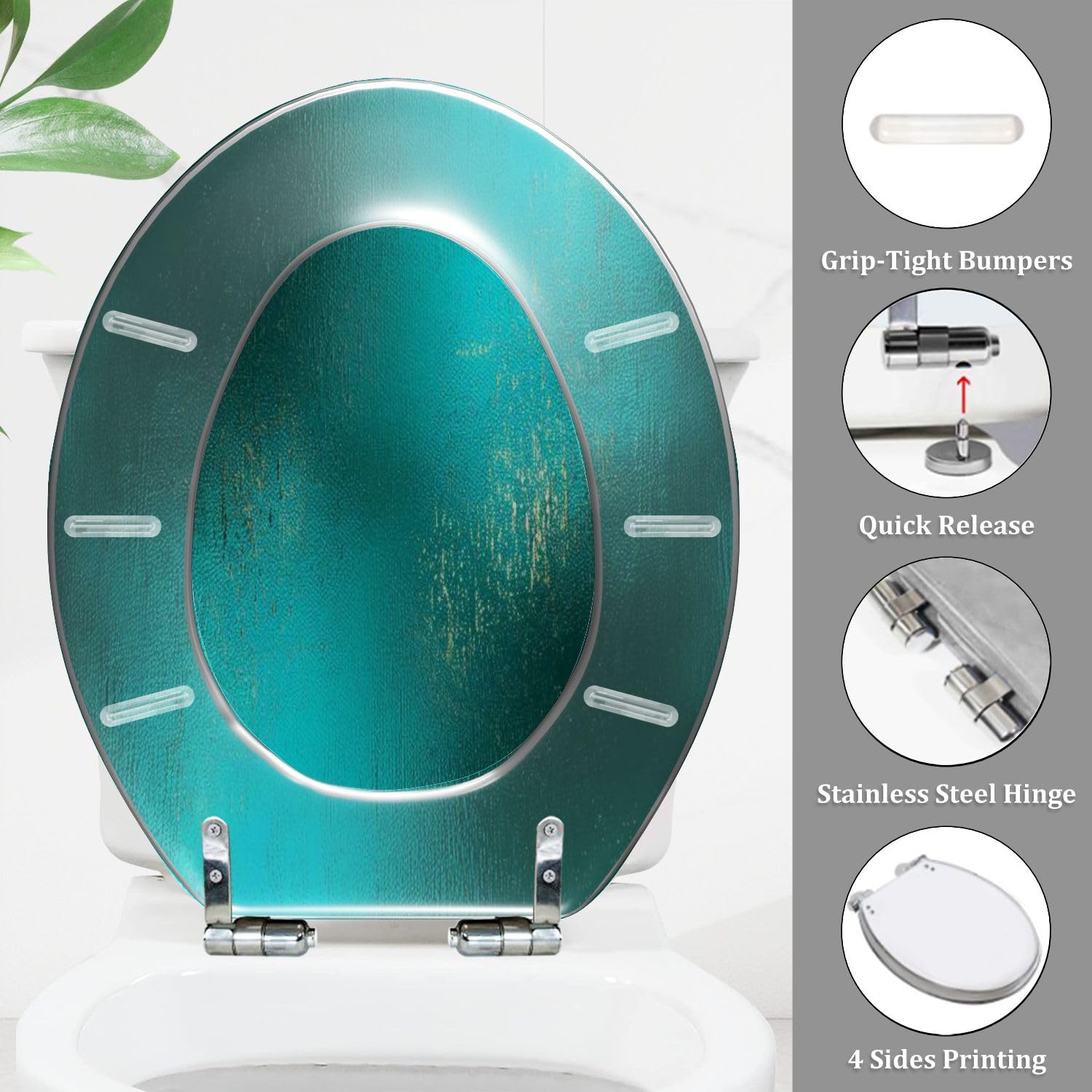 Asiento de inodoro alargado con cierre suave, para uso en el baño.