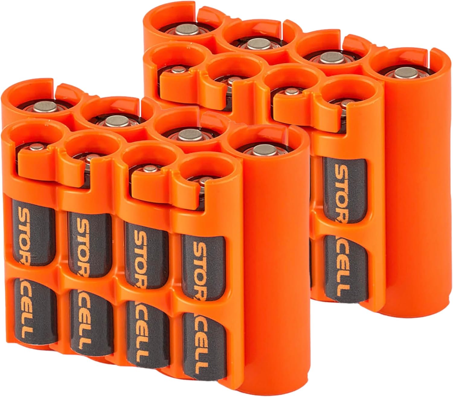 Storacell AA + AAA Battery Caddy Dispenser (2-Pack, Orange) - Holds 4 AA + 4 AAA, One-Hand Dispense, Made in USA