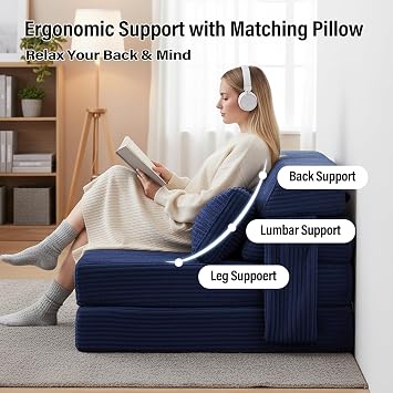 Folding Sofa Bed with Pillow, Corduroy Convertible Sleeper Chair, Comfy Floor Futon Mattress Lounge Sofa for Adults, Fold Out Chair Bed for Living Room, Bedroom, Navy
