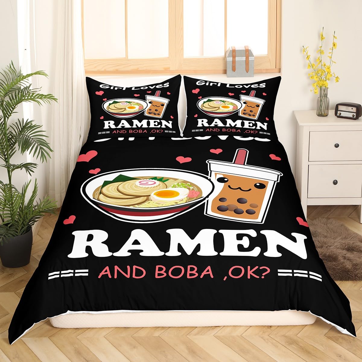 jejeloiu Ramen Boba Bettwäsche-Set, 100 % Baumwolle, Anime-Motiv für Kinder, Jungen, Mädchen, Teenager, Nudeln, Bubble Tea, 100 % Baumwolle, Set, Mädchen, liebt, Ramen Boba, Bettbezug-Set,