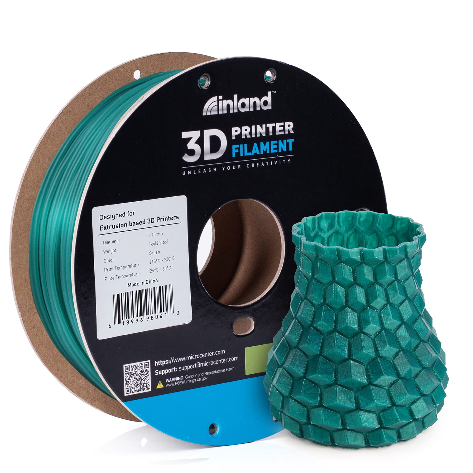 Inland PLA 3D Printer Filament 1.75mm - Dimensional Accuracy +/- 0.03mm - 1kg Cardboard Spool (2.2 lbs) – Fits Most FDM/FFF Printers – Odor Free, Clog Free Filaments - Green