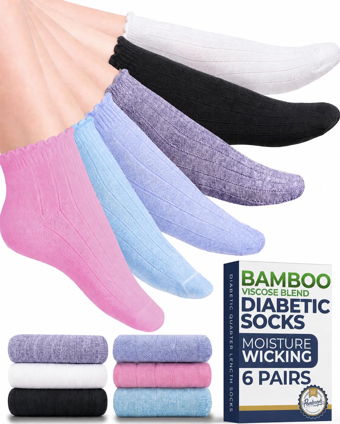 Pembrook® Frill Knit Bamboo Viscose Diabetic Socks for Women &amp; Men 6 Pairs