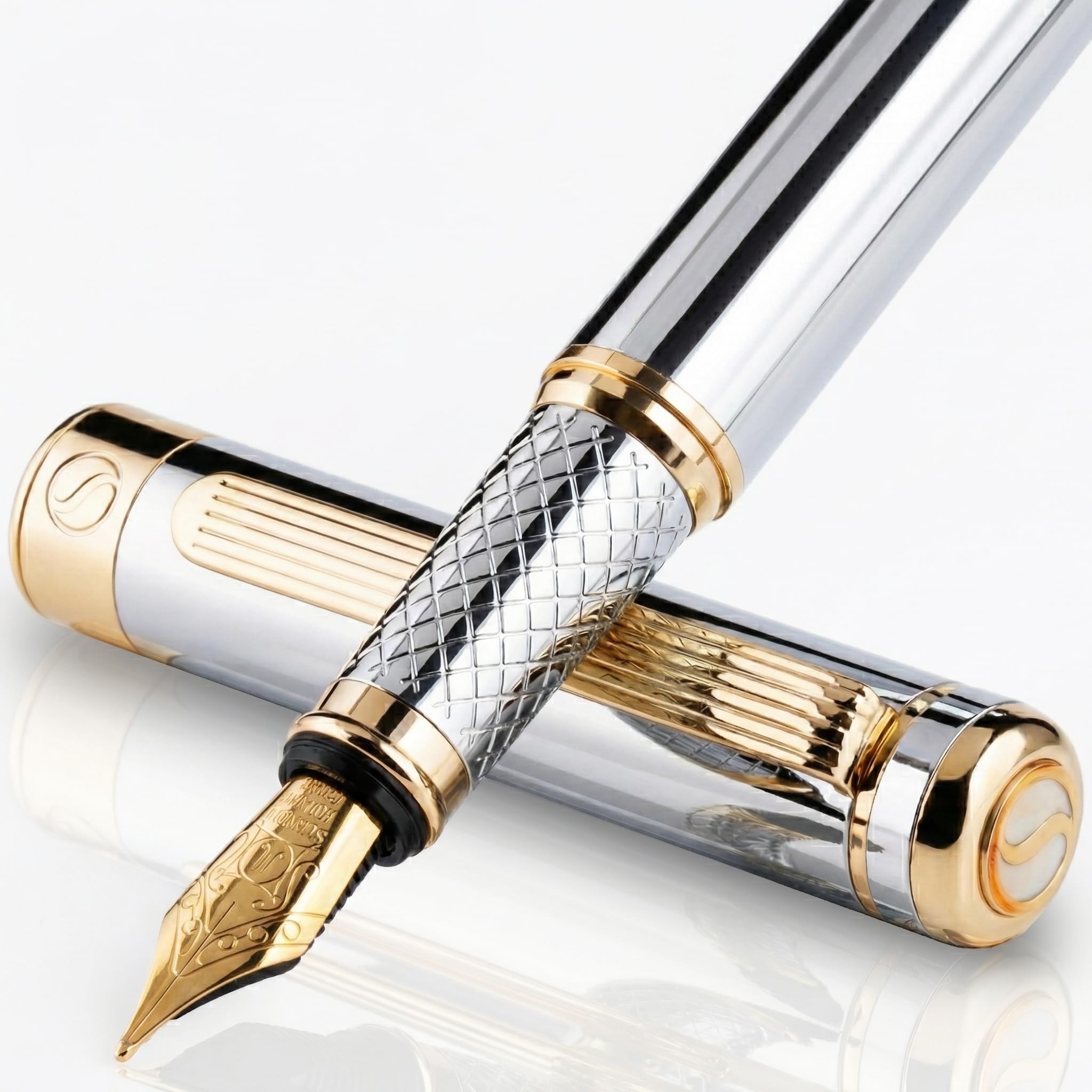 Scriveiner Silver Chrome Fountain Pen - Stunning Luxury Pen with 24K Gold Finish, Schmidt 18K Gilded Nib (Broad), Best Pen Gift Set for Men & Women, Professional, Executive Office, Nice Pens
