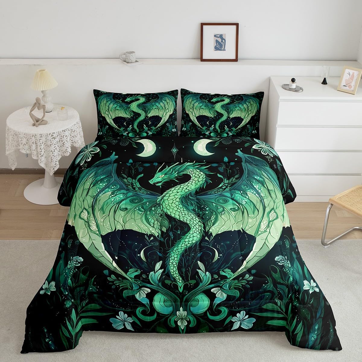 Erosebridal Green Dragon Down Comforter Galaxy Starry Sky Bedding Set for Kids Boys Girls,Wildlife Dragon Comforter Set with 2 Pillow Cases Full Size Boho Flower Plant Dragon Bed Set image 2