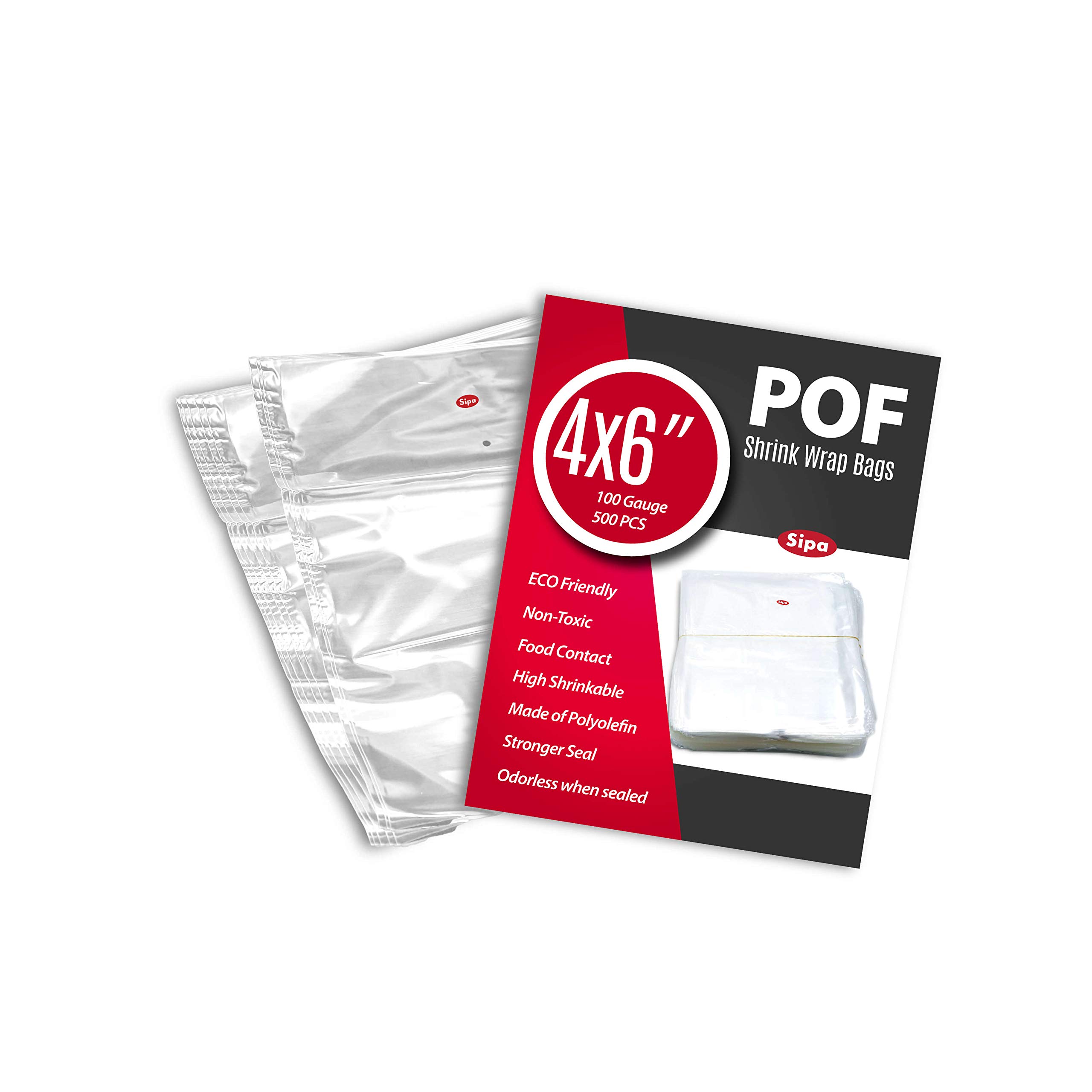 SIPA4x6 inch 500PCS 100 Gauge POF NON-VENTING HOLE Shrink Wrap Bags Odorless for Soaps, Bath Bombs, Arts and Crafts, homemaking or Other Small Items