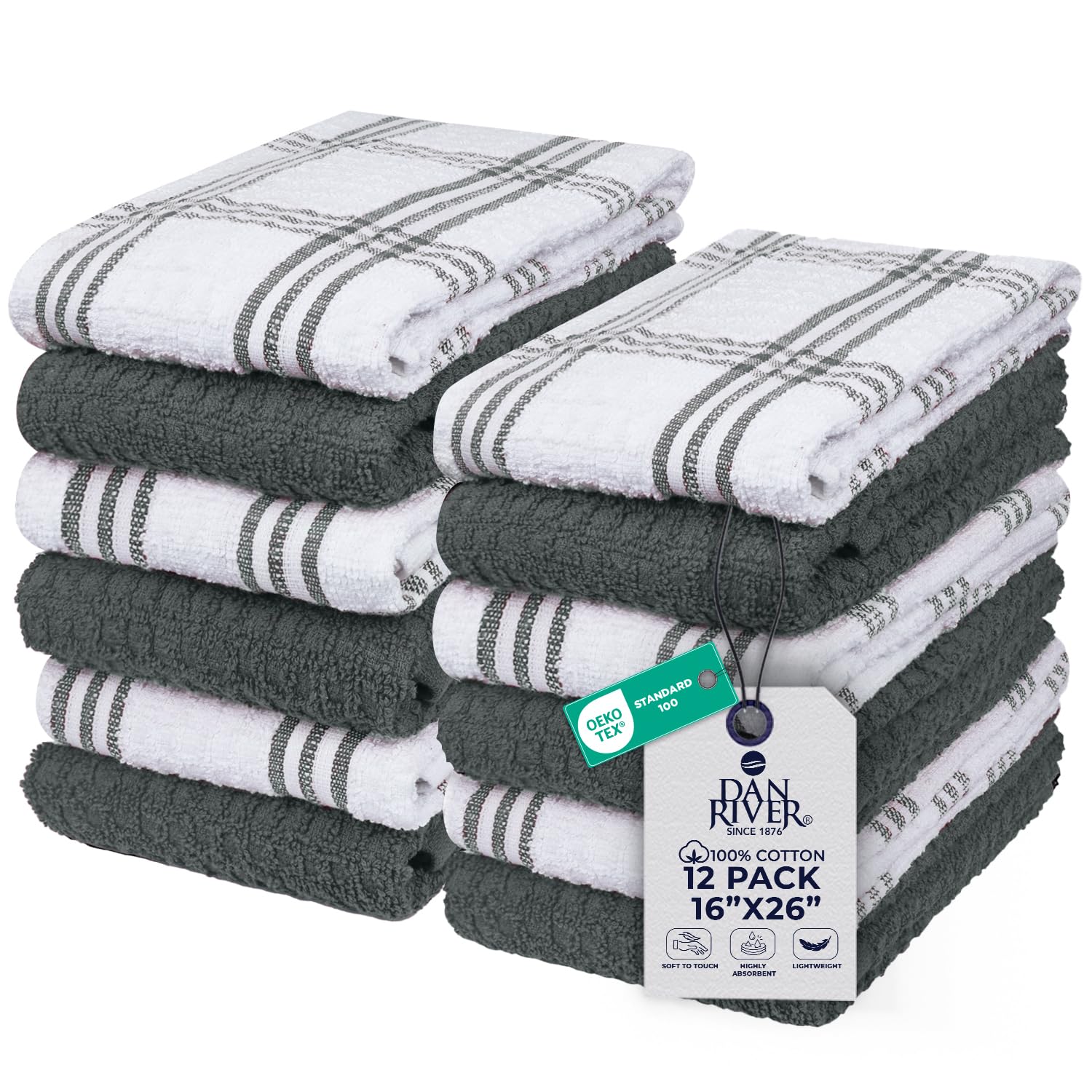 DAN RIVER Gray Kitchen Towels, 12 Pack, 16x26 Inches Absorbent Dish Towels