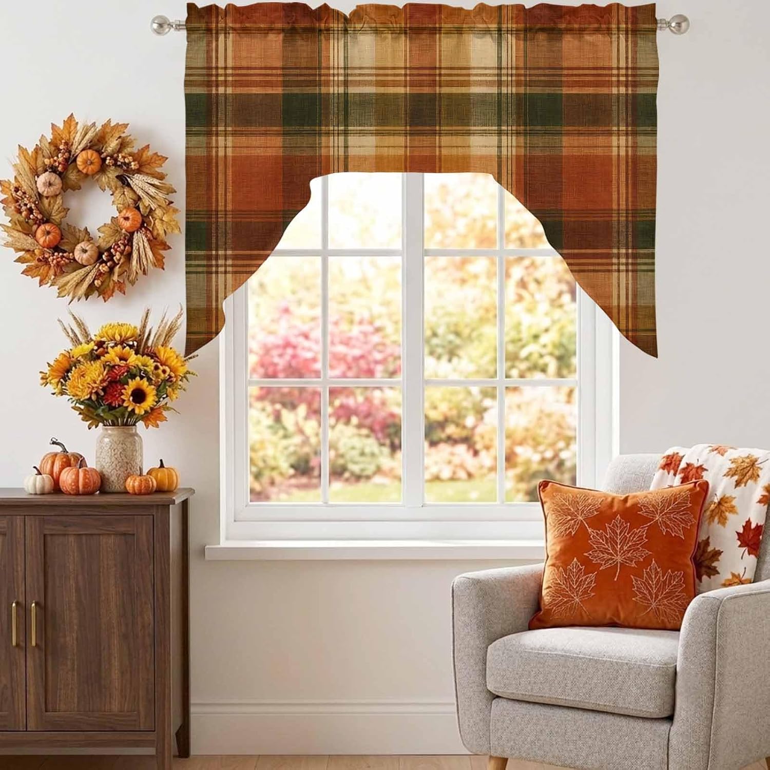 Swag Valance Curtains, Vintage Fall Brown Lattice Plaid Rod Pocket Valances Swag Topper for Kitchen Windows, Light Filtering Short Curtain for Bedroom Bathroom 56x36in