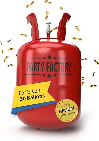 Party Factory – Helium Gasflasche 1x 200L für ca. 30 Luftballons – Partydeko Ballongas Flasche für Latex- & Folienballons – Einwegflaschen mit Knick-Füllventil – Für Partys, Hochzeiten und Geburtstage - 1