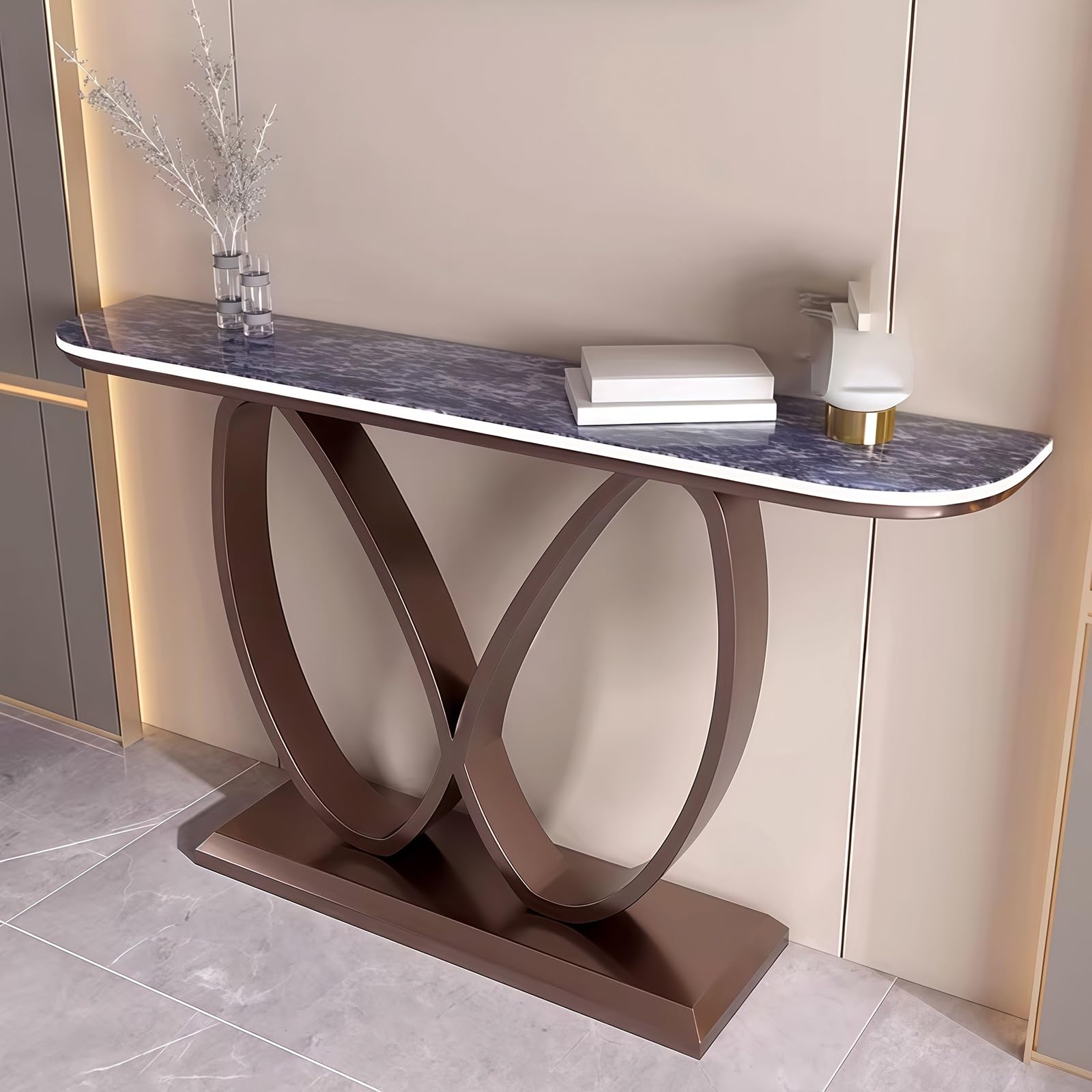 Consolle, Tavolino d'ingresso stretto effetto marmo con base geometrica in metallo, Tavolini d'appoggio contemporanei, Base decorativa creativa in acciaio al carbonio (Marrone + Blu, 150 cm/59")