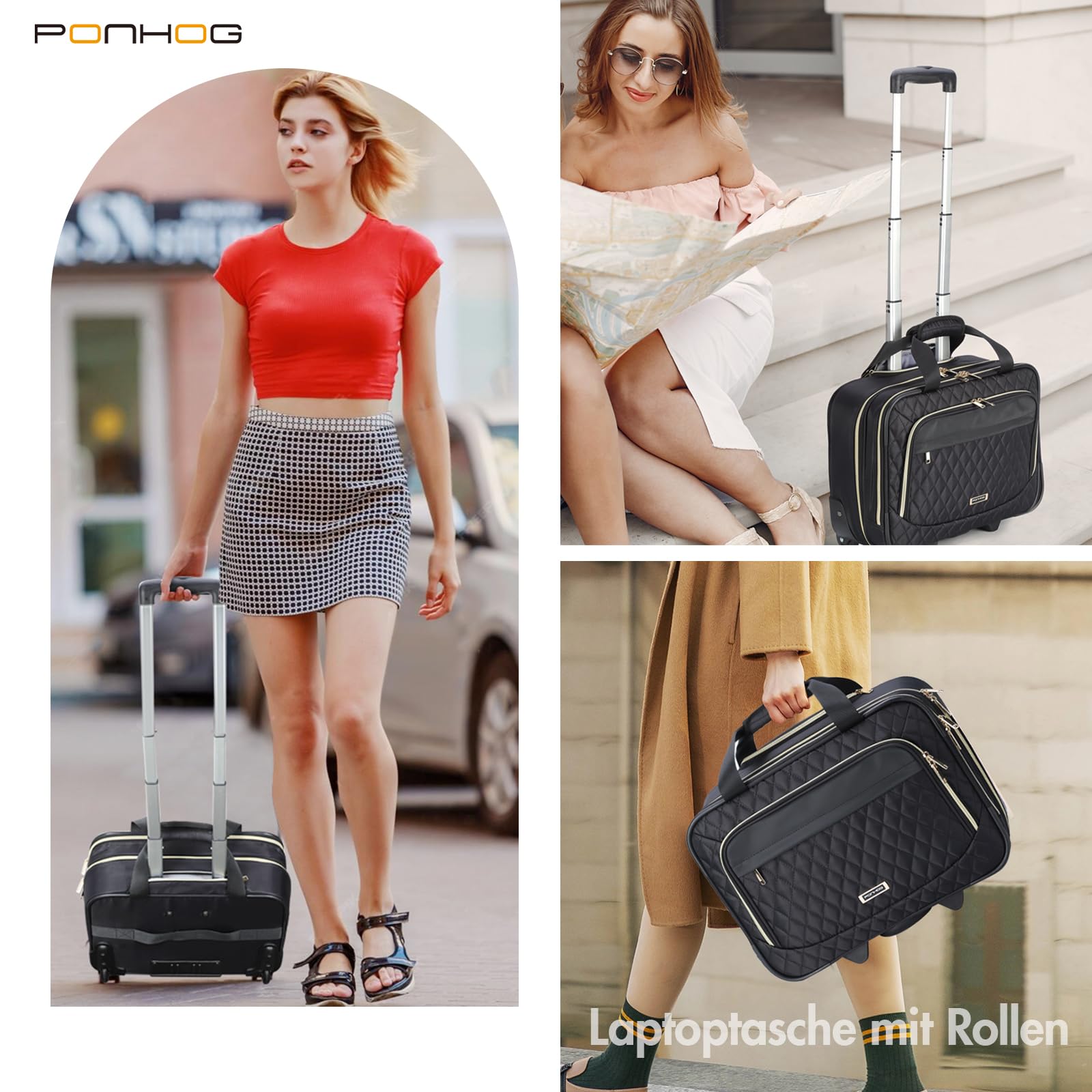 Ponhog Bussiness Laptop Trolley mit Rollen für Damen,Trolley Laptoptasche 15,6 Zoll wasserdichte Aktentasche für Reisen, Arbeit, Schule, Schwarz