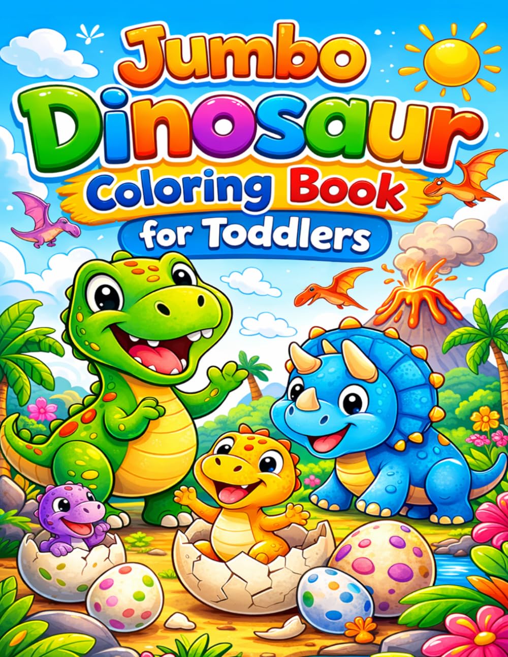 Jumbo Dinosaur Coloring Book for Toddlers: 50 Big and Easy Dinosaur Coloring Pages with Cute Baby Dinosaurs, Eggs, and Fun Prehistoric Scenes for Kids