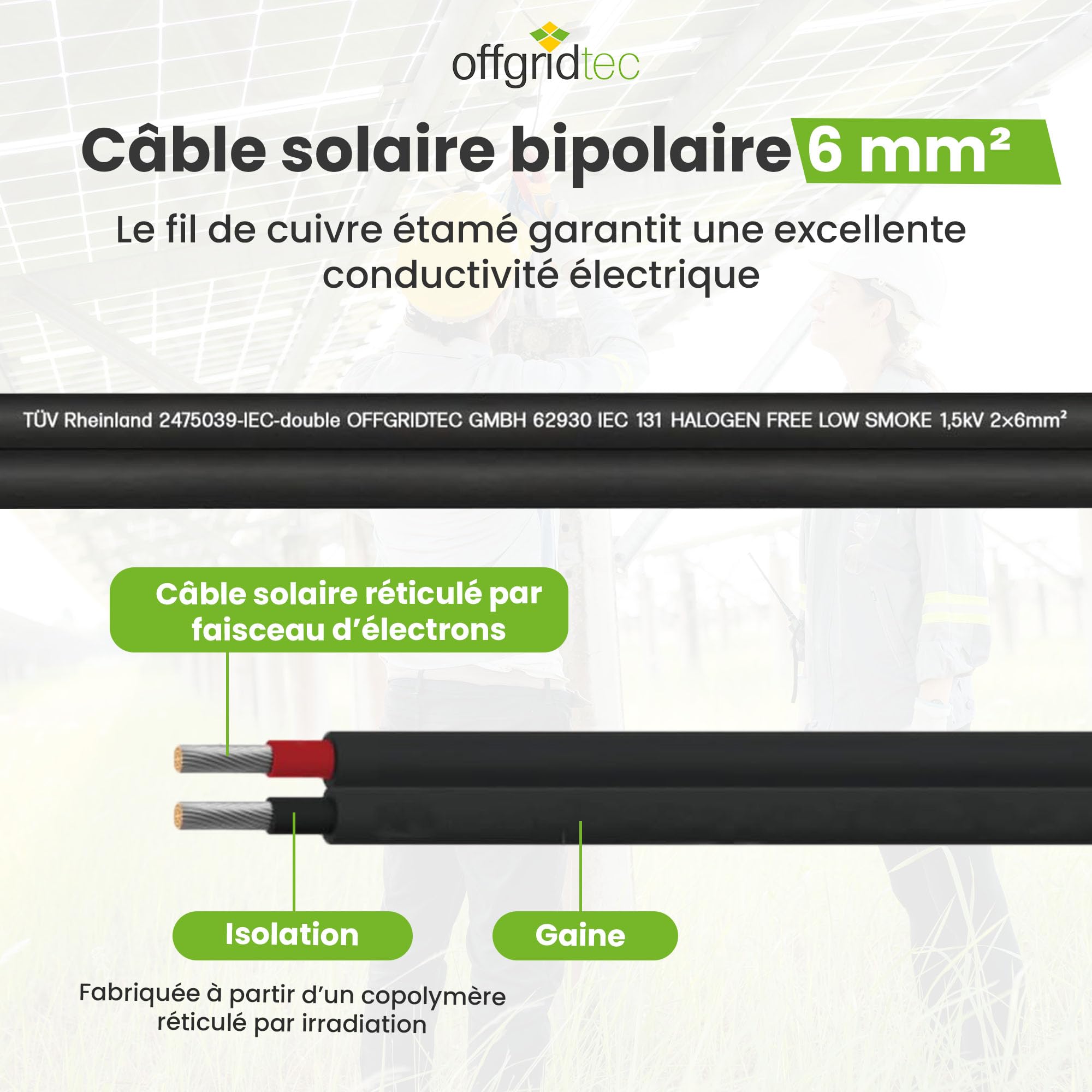Câble solaire Offgridtec 20 m - 2 x 6 mm² - PV1-F 6 mm² - Câble solaire à deux fils - Noir