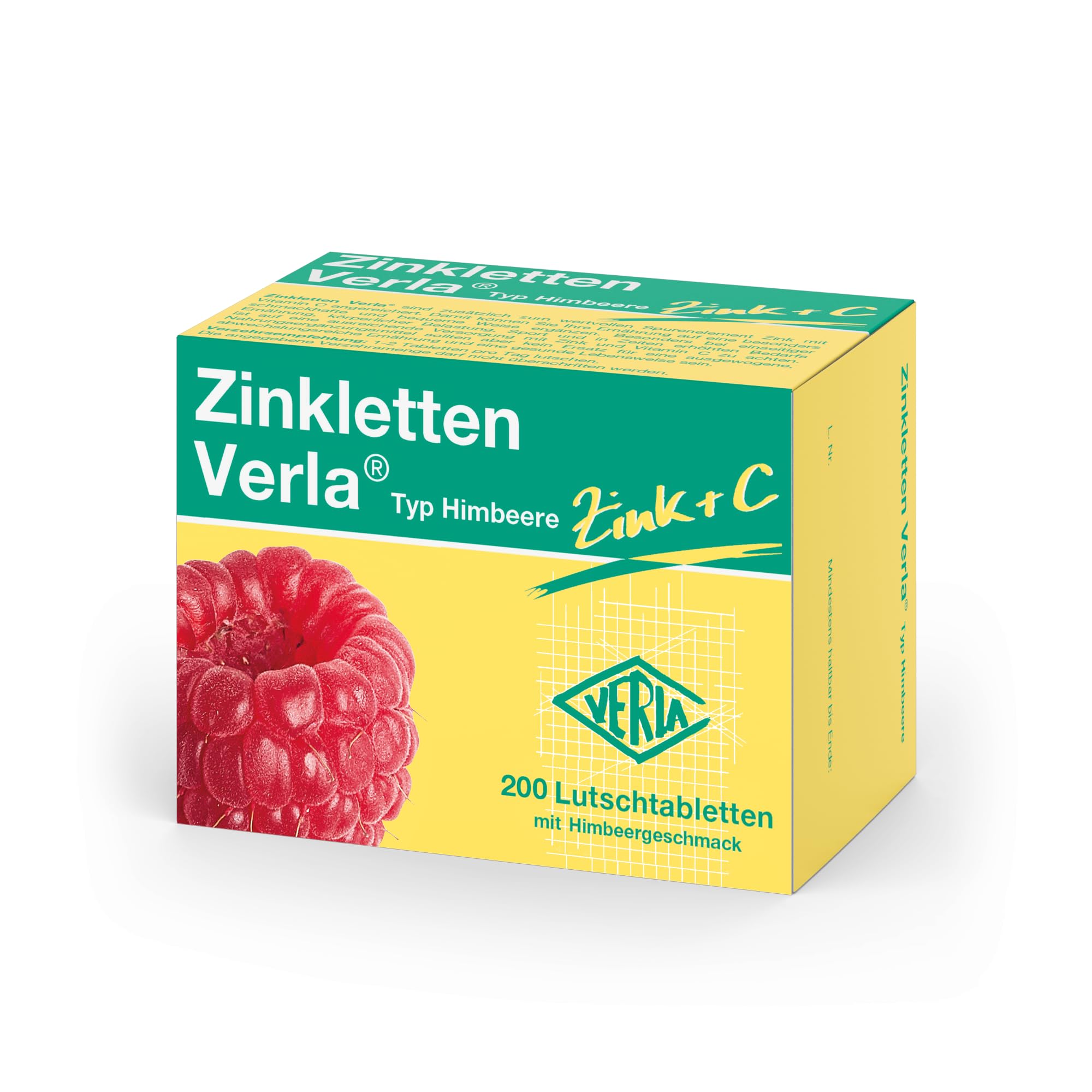 Zinkletten Verla Himbeere – 5 mg Zink in Form von Zinkcitrat+ 30 mg Vitamin C zum Lutschen und Kauen, für die tägliche Zinkversorgung, mit Himbeergeschmack, vegan, glutenfrei, ohne Lactose, 200 St
