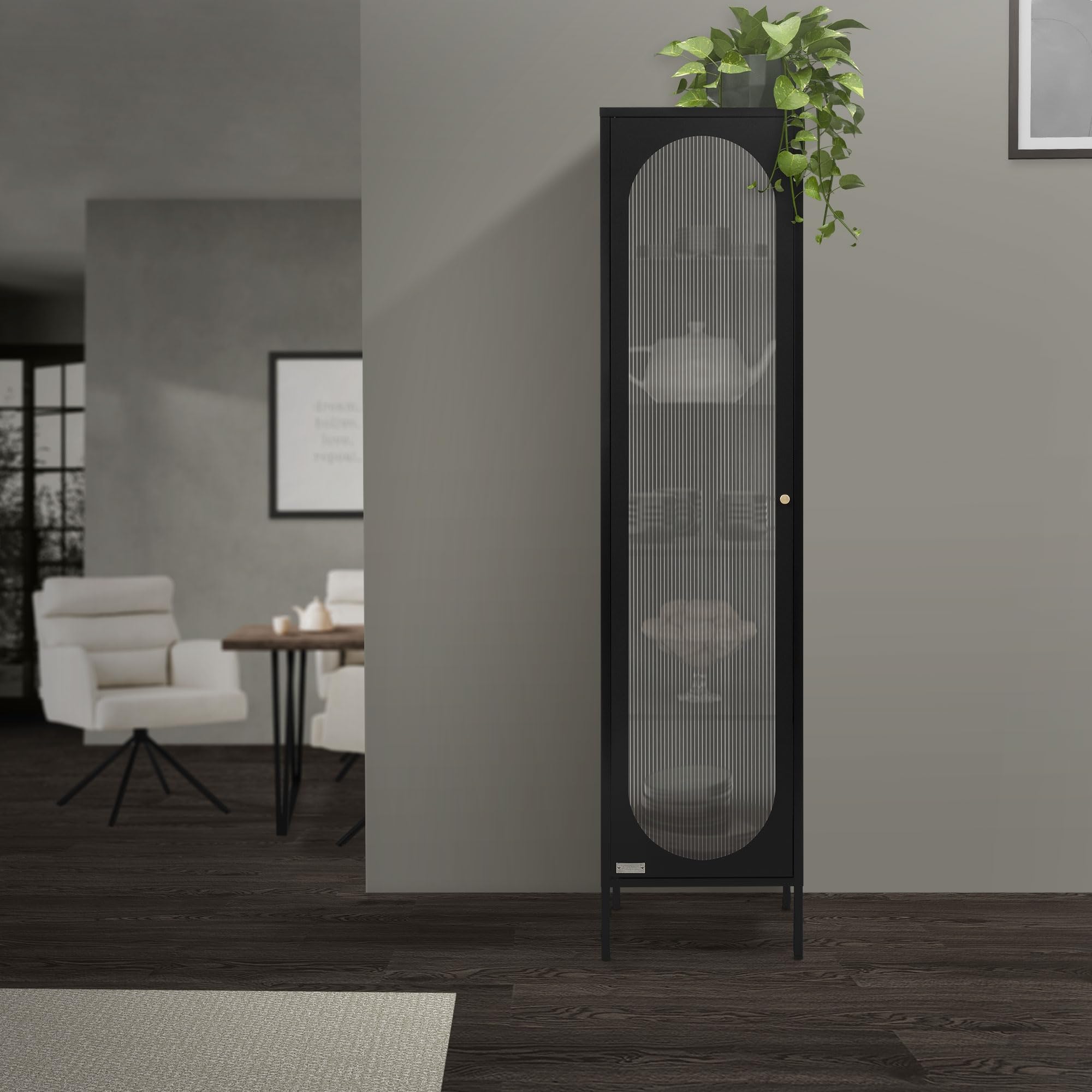 ML-Design gablota 42x175x40 cm czarna waska gablota z 5 pólkami i 1 drzwiami metalowa gablota do salonu wykonana ze stali styl industrialny wysoka gablota regal szafka na dokumenty szafka biurowa