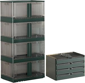 Convenient Foldable Storage Box with Lids Space-Saving Stackable Cube Storage Bins Plastic Container with Door and Wheels Ideal