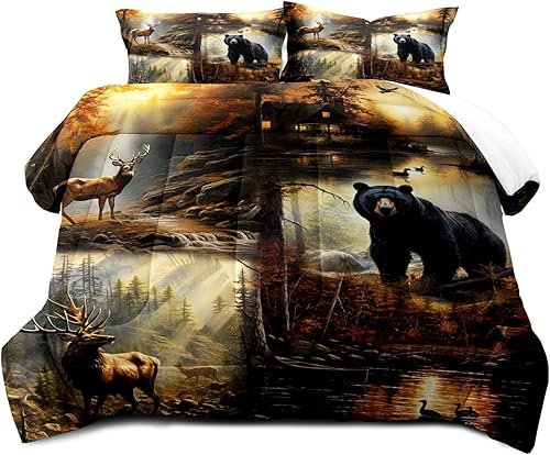 Miniatura 3 de LUVIVIHOME Juego de edredón de 3 piezas con diseño de ciervos y oso negro, tamaño King, alce, alce, pato y bosque, animales silvestres, caza,