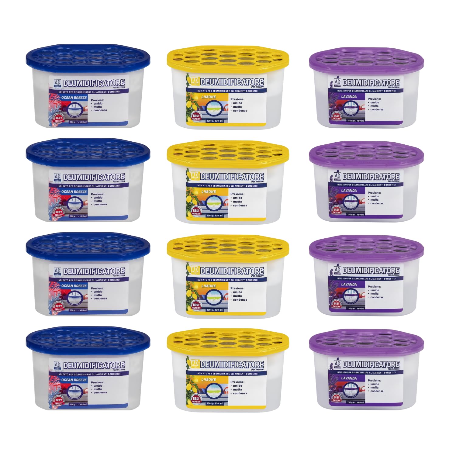 Virsus 12 Deumidificatori assorbiumidità con cristalli idrofili da 400ml, 14x7x8 cm, elimina condensa, umidità, muffa cattivi odori, Fragranze: Limone, Lavanda, Ocean -9704F