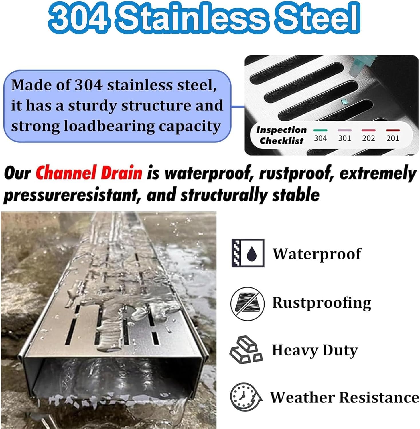 Slim Stainless Steel Channel Drain Grate Kit for Outdoor Driveway & Pool Deck - Low Profile Drainage System (20x5cm/7.9x2in) - Efficient Guttering & Sewerage Cover