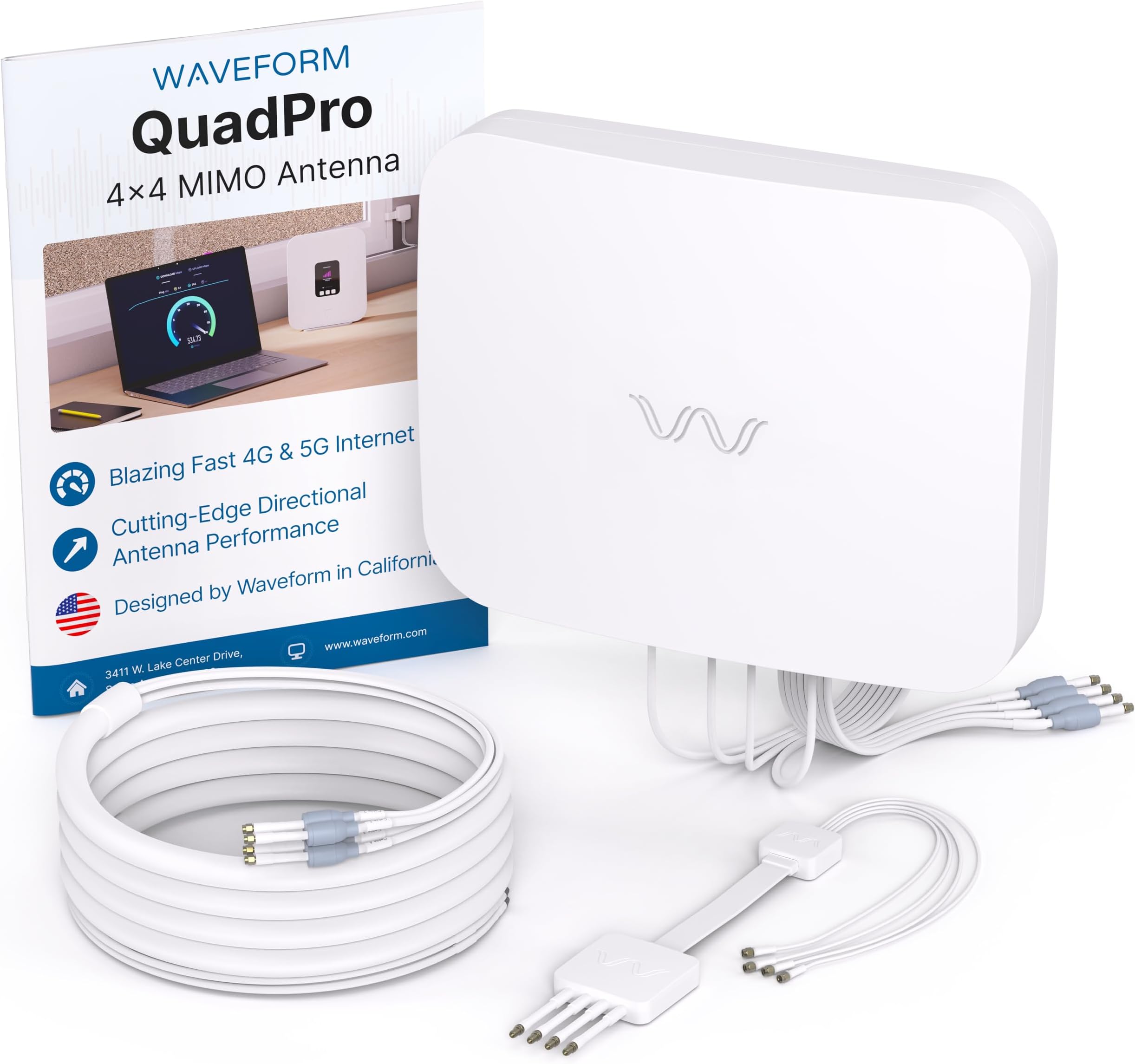 Waveform QuadPro 4x4 MIMO Panel Antenna | External Antenna for 4G/5G Routers & Gateways | For EE, Three, O2, and Vodafone | Complete Kit w/ 20' Cable & Window Entry