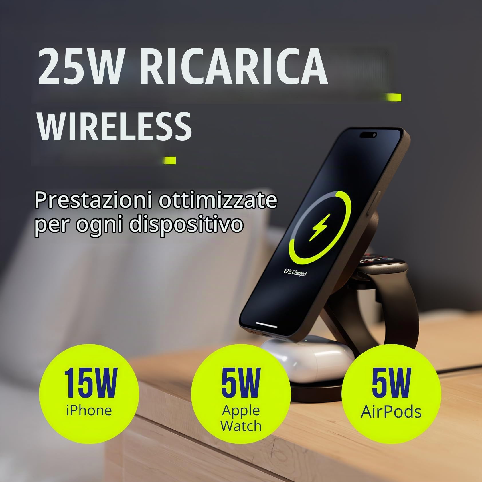 Caricabatterie 3 in 1 da 25 W, stazione di ricarica wireless pieghevole per iPhone, Apple Watch e AirPods, mini supporto di ricarica wireless con LED e USB-C, compatibile con Qi e MagSafe