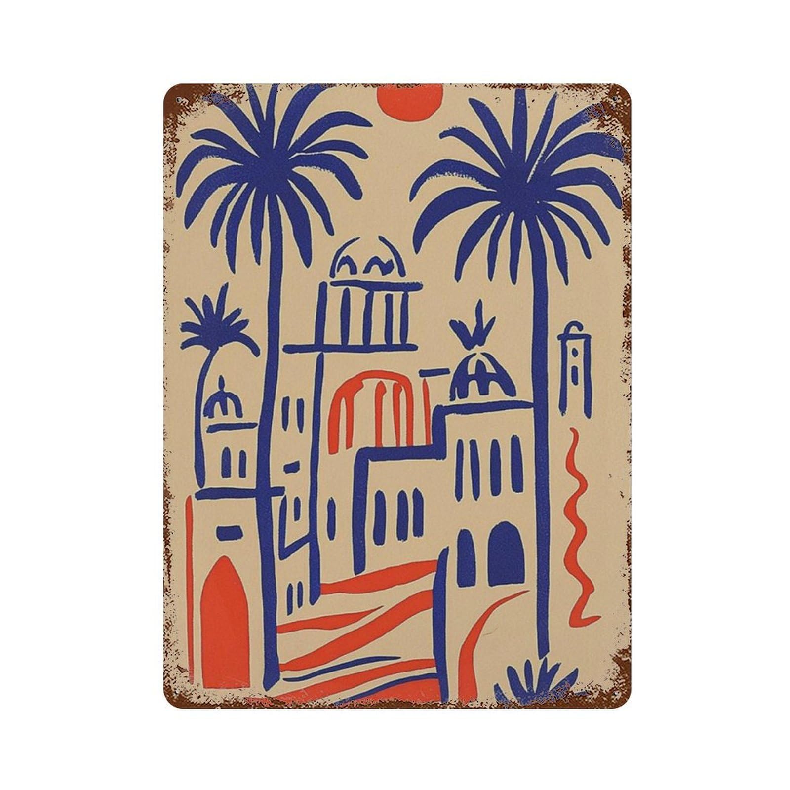 xiaoxiaoshen Moroccan Architecture Mediterranean Palm Tree Desert Town Work Travel Style Wall Decor Art Metal Tin Poster Modern Home Decor Art Home Bar Shop Decorations Vintage Sign 40x30cm