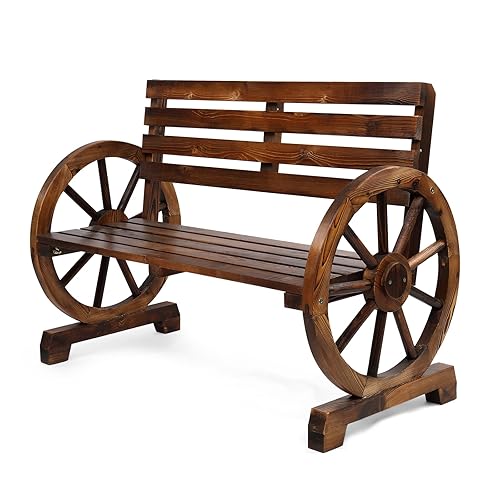 41" Rustic Outdoor Wooden Bench, 2-Person Patio Wagon Wheel Bench