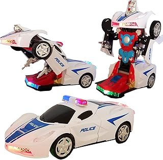 Battery Operated Bump and Go Transforming Toys for Kids -Auto Transforming Auto Robots Action Figure and Toy Vehicles - Realistic Engine Sounds & Beautiful Flash Lights (White Police Car)