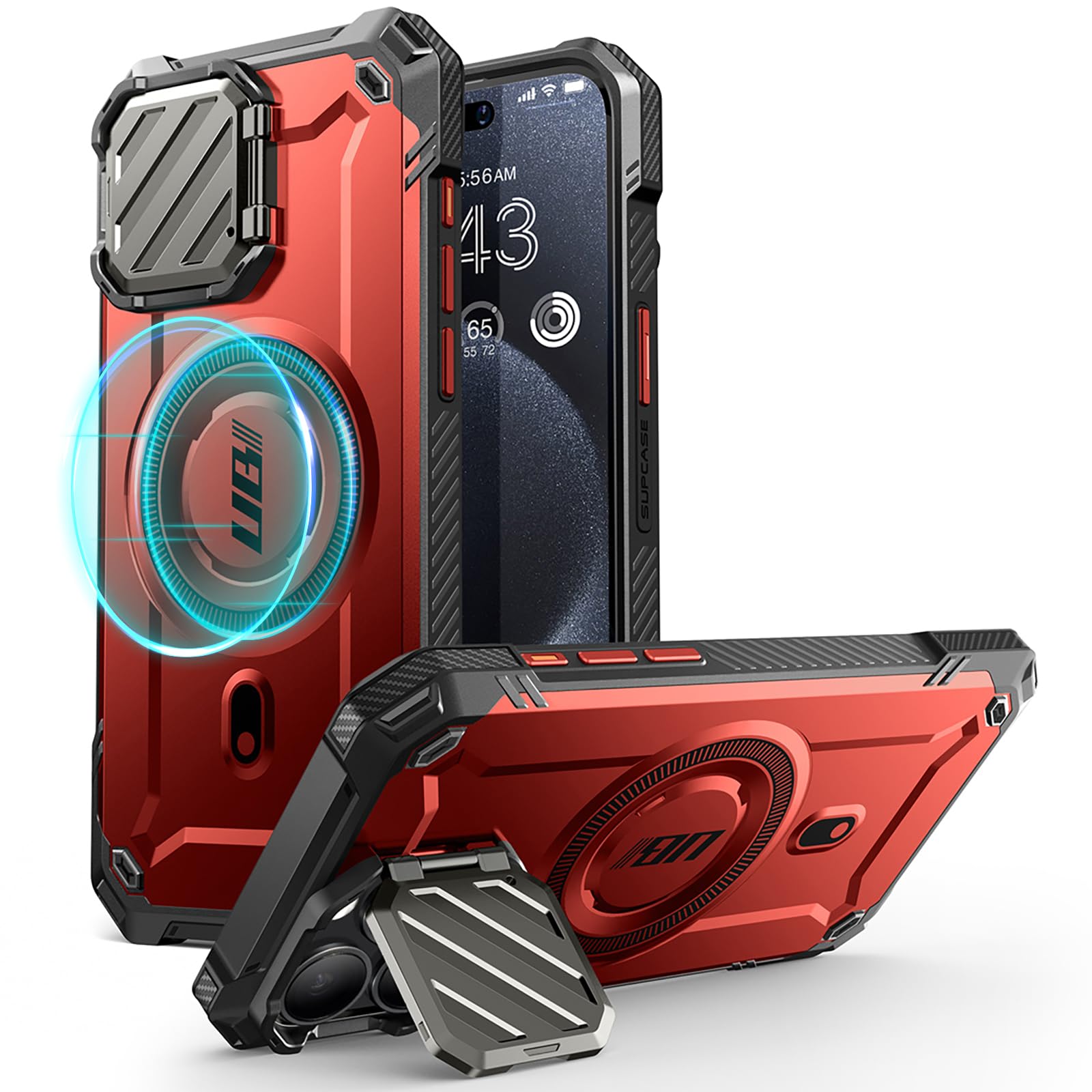 SUPCASE UB Mag XT Case for iPhone 15 Pro Max 6.7 inch (2023) with Camera Protection, Compatible with MagSafe, Rugged Case with Built in Kickstand (Red)