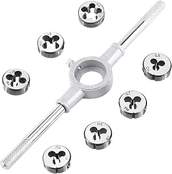 JONMON 8 Pcs Metric Die Set - Screw Die & Adjustable Wrench Holder with M3-M12 Dies Threading and Rethreading Cutting External Thread Processing Tapping Hand Tool Kit for Home DIY, Garage