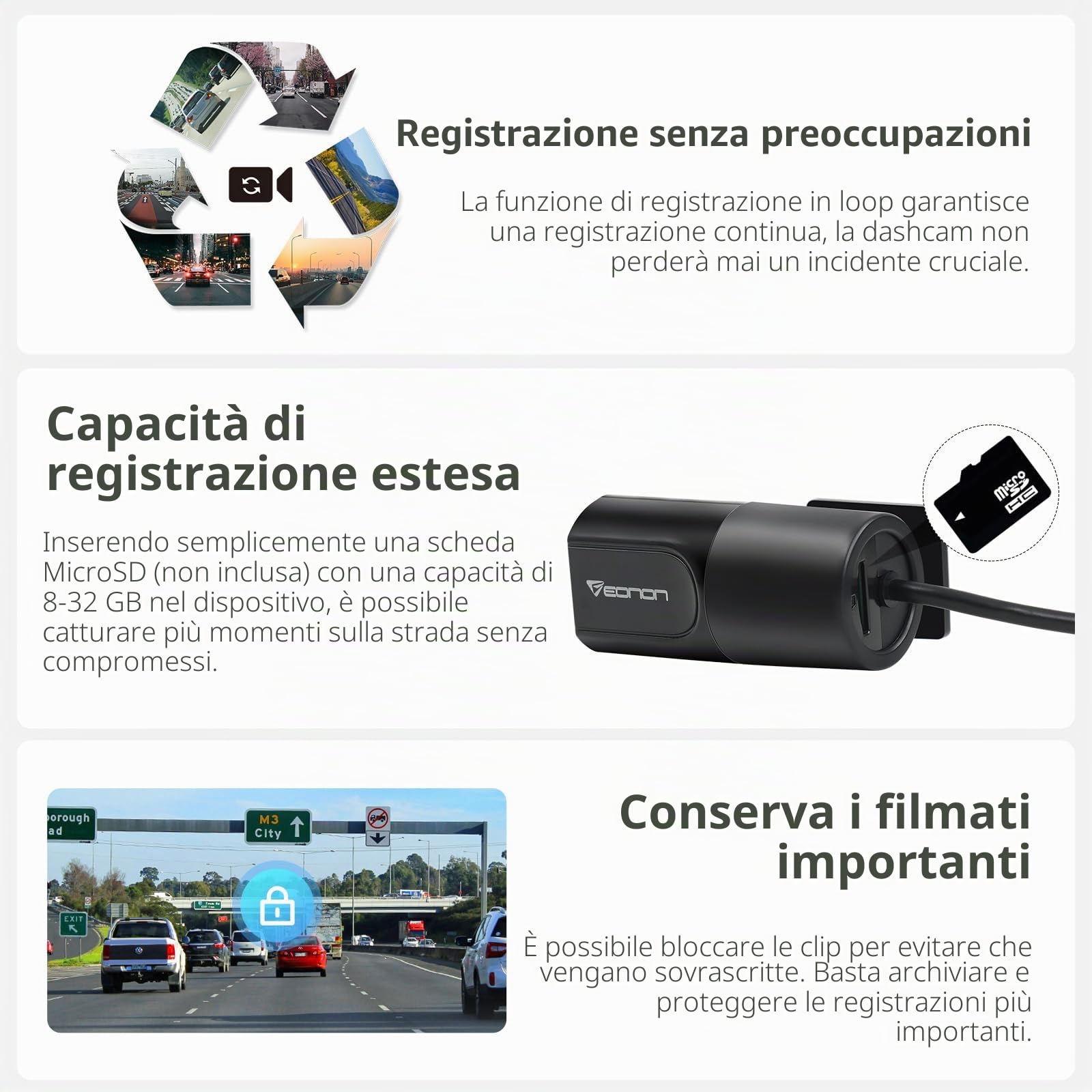 Eonon 1280×720p Dashcam USB registratore automatico per autoradio Eonon Android, mini dashcam, grandangolo, registrazione in loop 120° A100