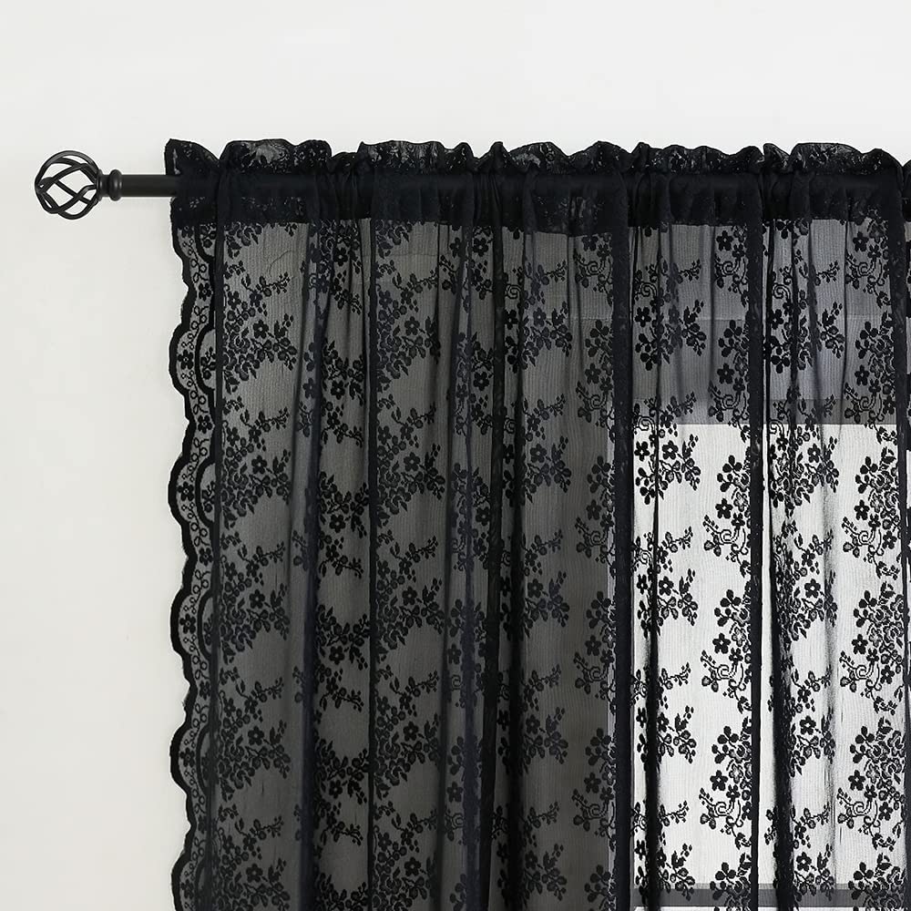 YJ YANJUN Black Sheer Curtains 54 inch Length- Goth Victorian Kitchen Lace Curtain Panel Halloween Short Curtains for Bathroom Window Coffin/Witchy/Gothic Home Decor 52 x 54 Inch Black - Image 3