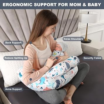 MIFXIN Nursing Pillow, Multifunctional Breastfeeding Pillow with Adjustable Waist Belt, Nursing Pillow with Safety Fence, U-Shaped Multifunctional Pregnancy Pillow (Underwater World)