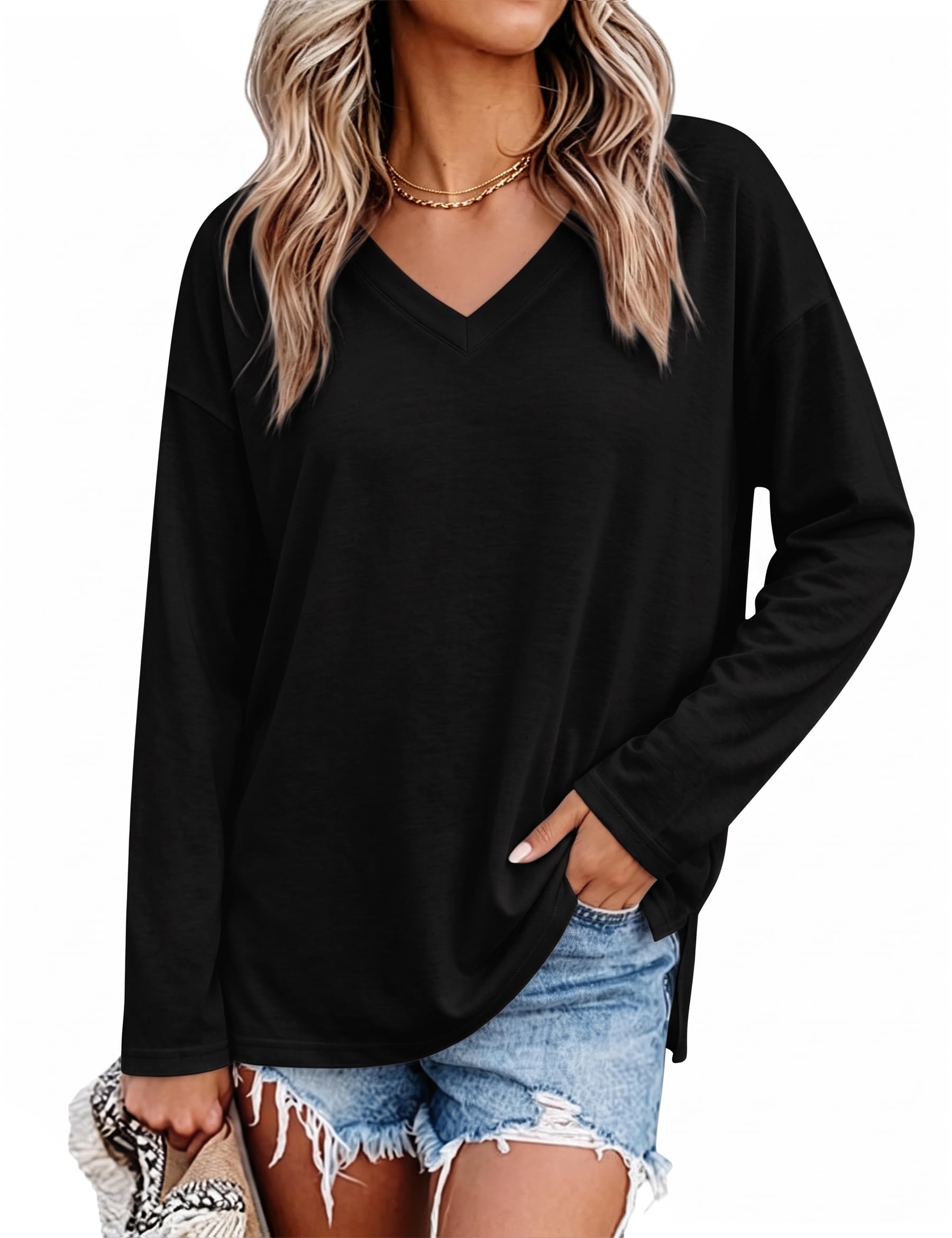 Demegimi Langarmshirt Damen Oversize V-Ausschnitt Tunika Longshirt