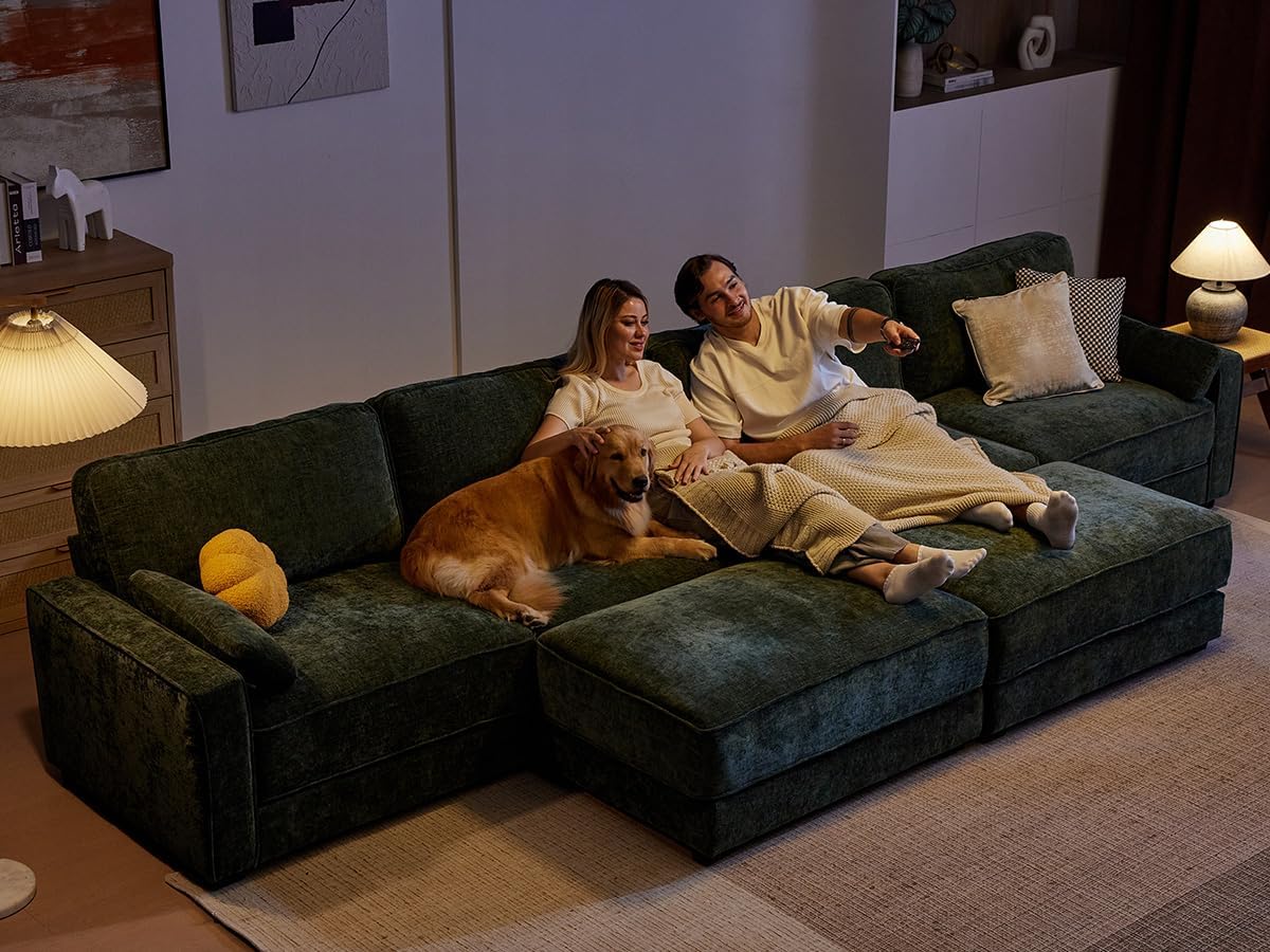 Vipbear 120" Chenille Oversized Modular Sectional Sofa, L Shaped Couch Set with 2 Pillows, 4 Seat Comfy Cloud Couches with Movable Ottoman for Living Room, Bedroom and Apartment, Green