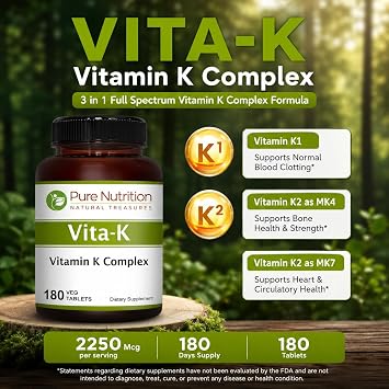 Pure Nutrition Vitamin K Complex K1 + K2 | 2250 mcg | 180 Tab | Full Spectrum K Vitamin Supplement with K1 1000mcg | Non GMO | Gluten Free