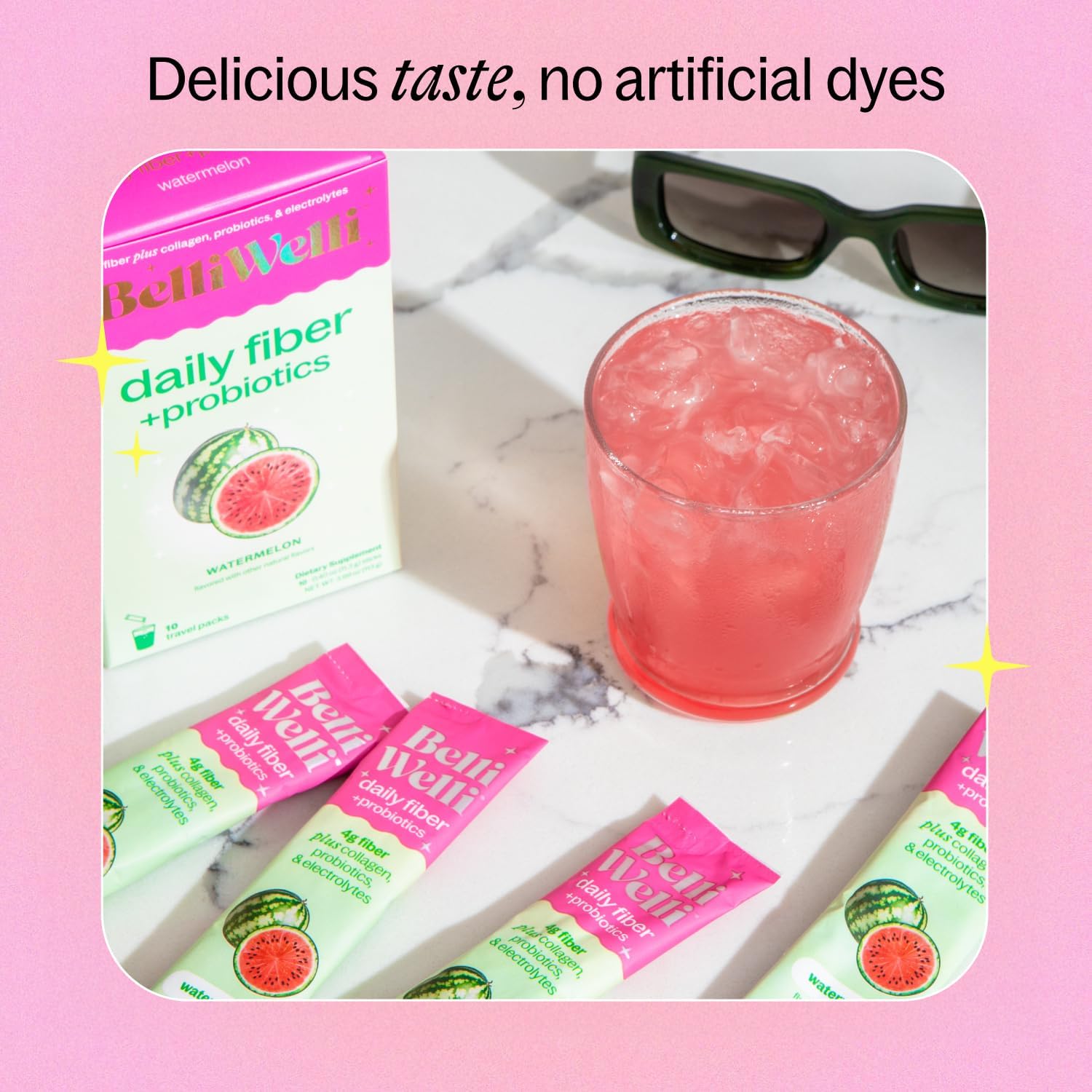 Belli Welli Daily Fiber Supplement Packets with Collagen, Probiotics & Electrolytes | Single Serve Packets for Gut Health, Digestion & Debloating | Watermelon | 10 Count - Image 2