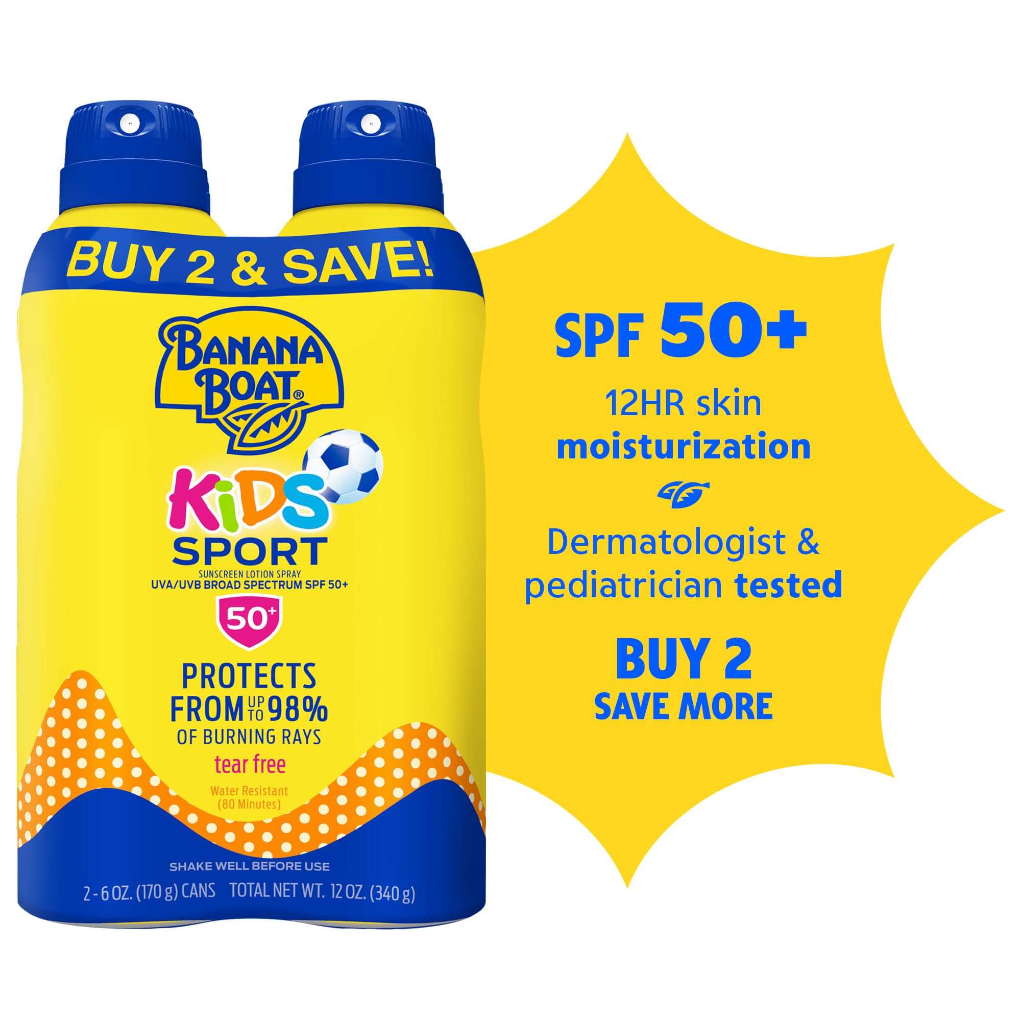 Banana Boat Kids Sport Sunscreen Spray, Sting-Free, Tear-Free, Reef Friendly, Broad Spectrum, SPF 50, 6oz. - Twin Pack