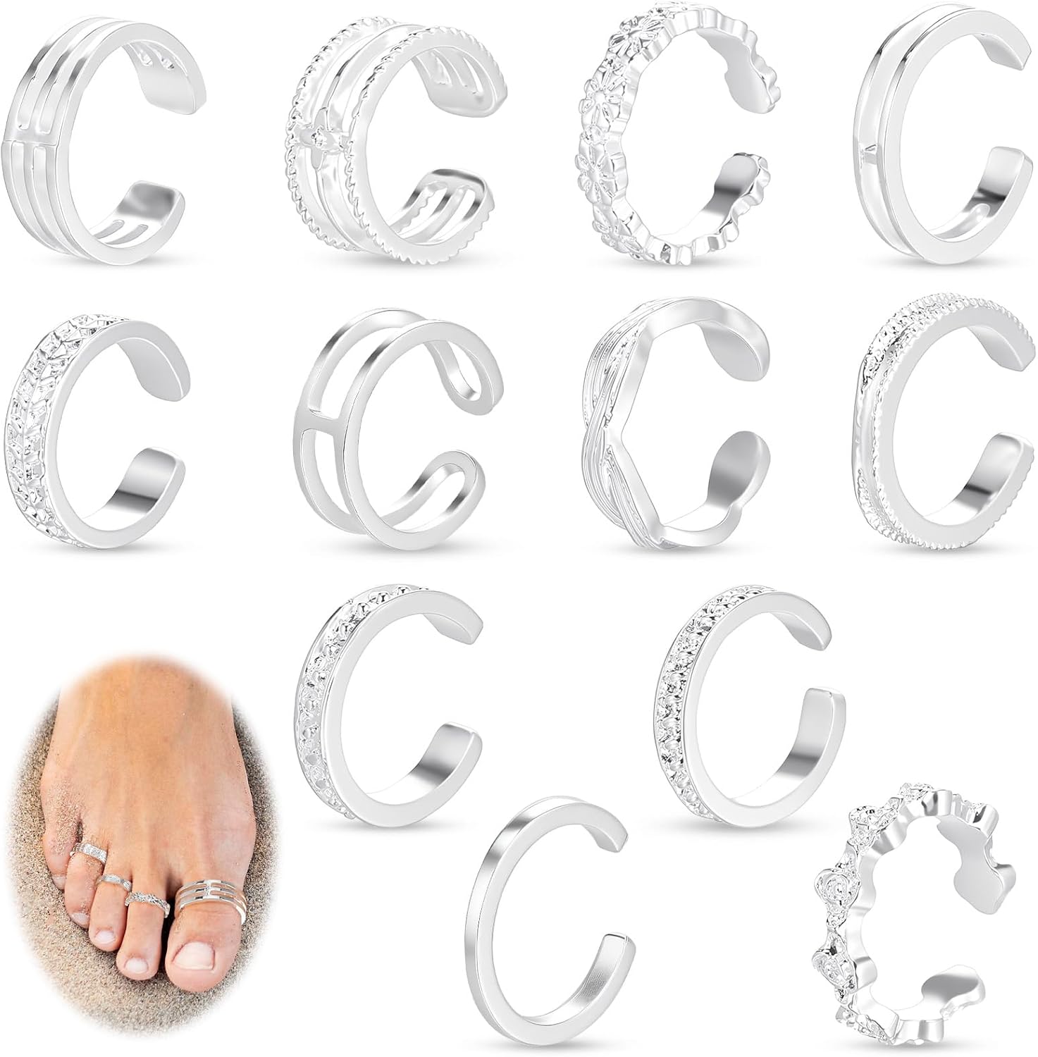 Tyqour 12PCS Gold Toe Rings Adjustable Toe Rings for Women Summer Toe Rings Set, Simple Style Beach Foot Jewelry Set