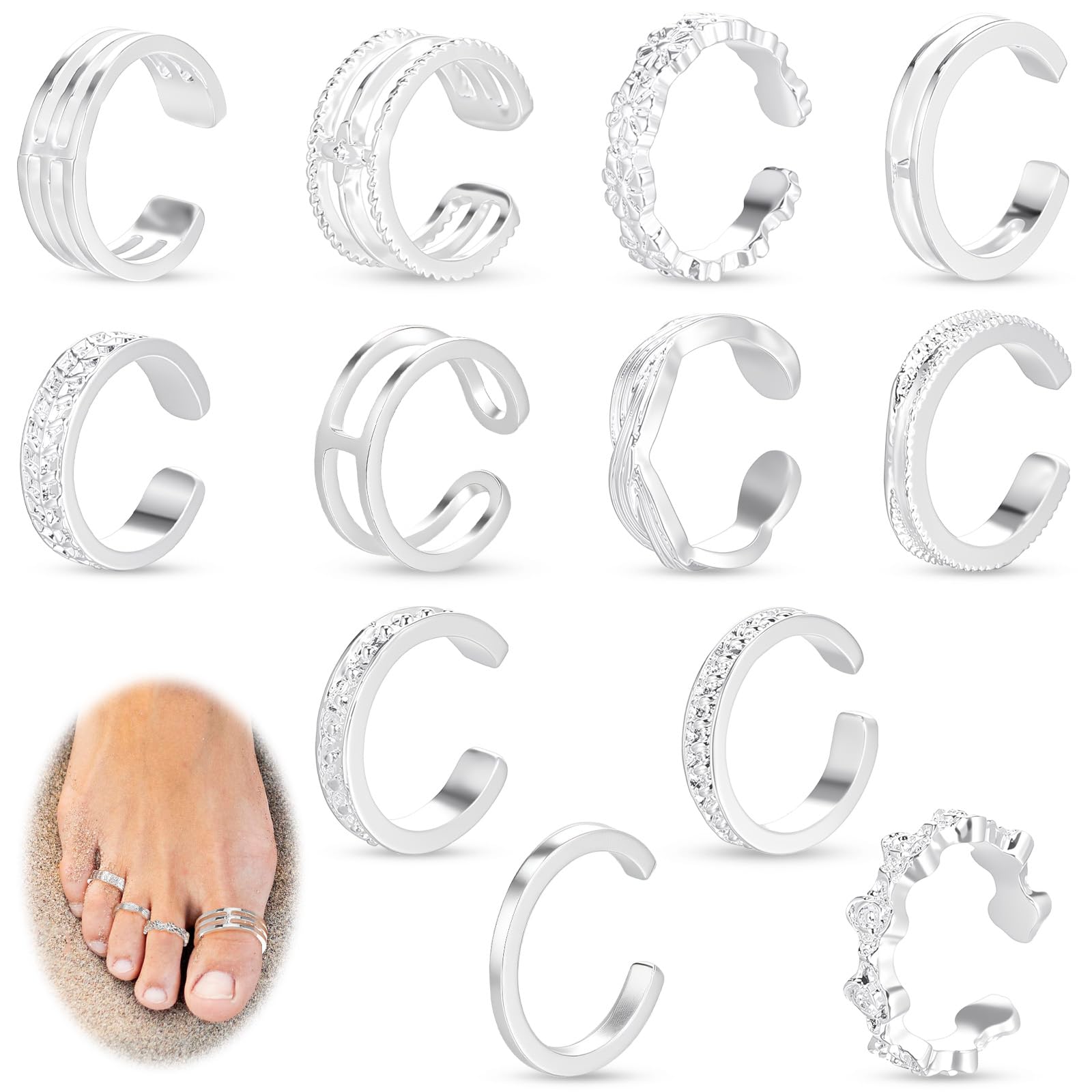 tyqour Pack of 12 Silver Toe Rings Adjustable Toe Rings for Women Toe Ring Open Toe Rings Summer Beach Foot Jewellery for Women Girls-picture-30