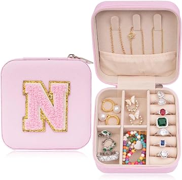 ETHOON Jewelry Travel Case Small Organizer Stocking Box Personalized Gifts Teenage Jewelry Accessories Holiday Wedding Christmas Gift for Women Pink, Letter N