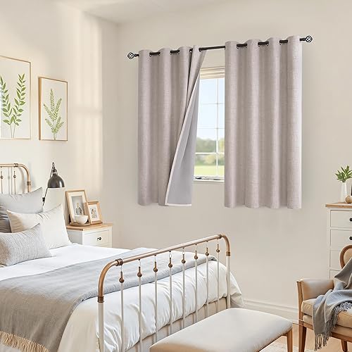 Miniatura 3 de YoungsTex Cortinas opacas cortas de lino de 45 pulgadas de largo, con ojales y aislamiento térmico, cortinas de ventana de lino con textura para