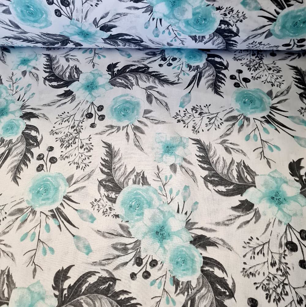 Tissu 100% Coton Certifié Öko-Tex - Motif Fleurs Blanches, Menthe Et Gris - 100x160 Cm - Idéal Couture, Déco, Linge De Maison